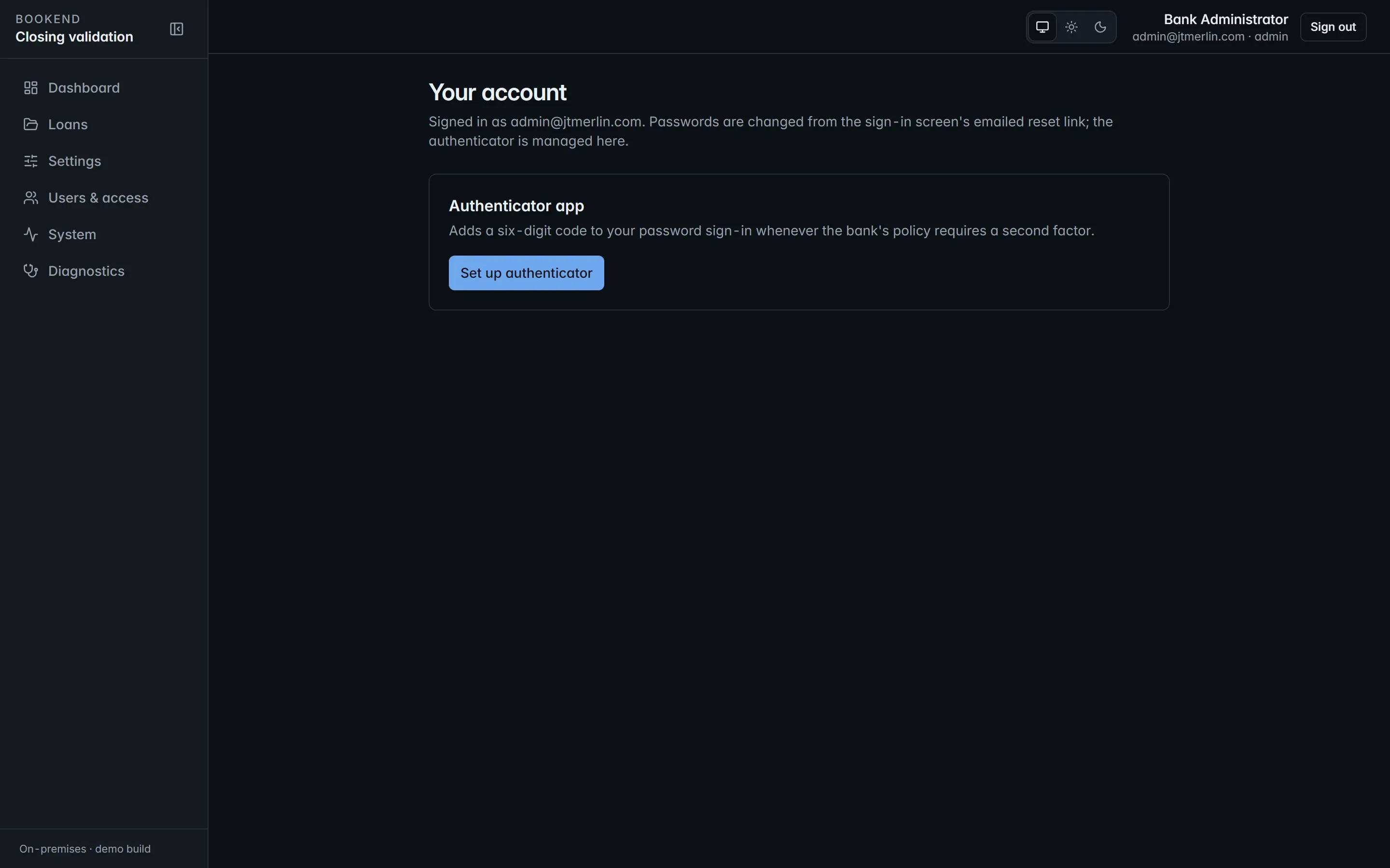 The account page: profile, password and authenticator enrollment.