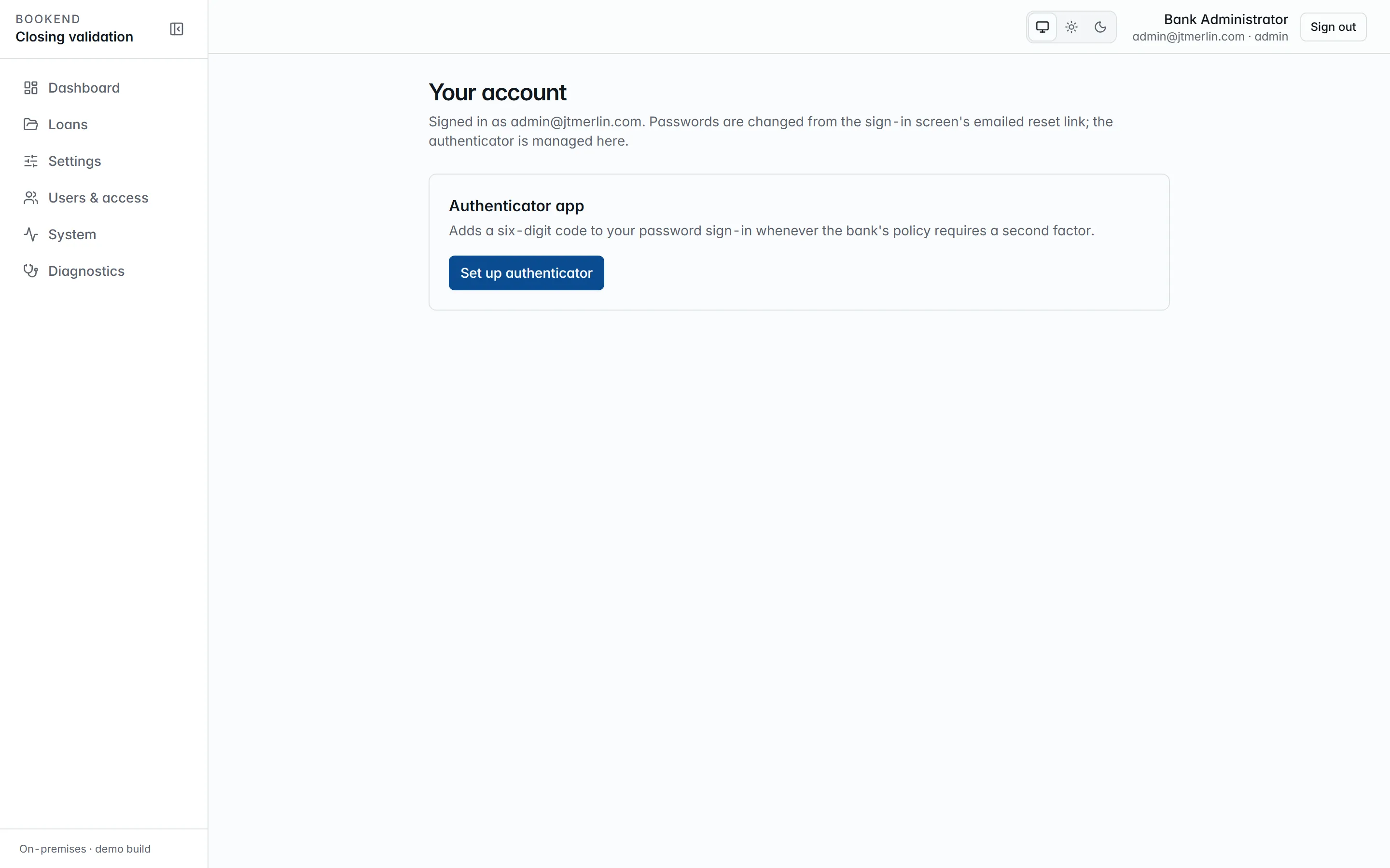 The account page: profile, password and authenticator enrollment.