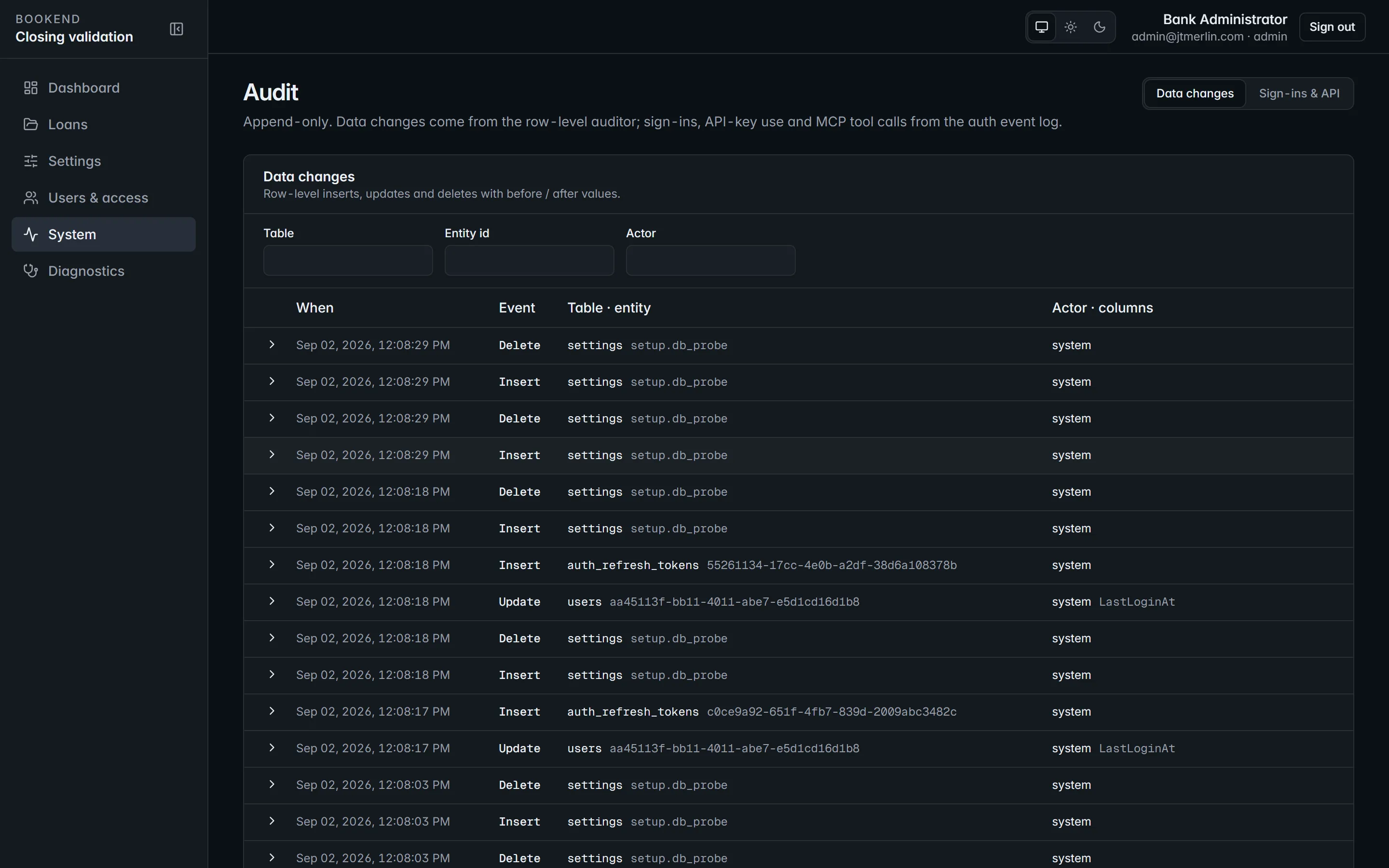 System → Audit: who changed which setting, when, from what to what.