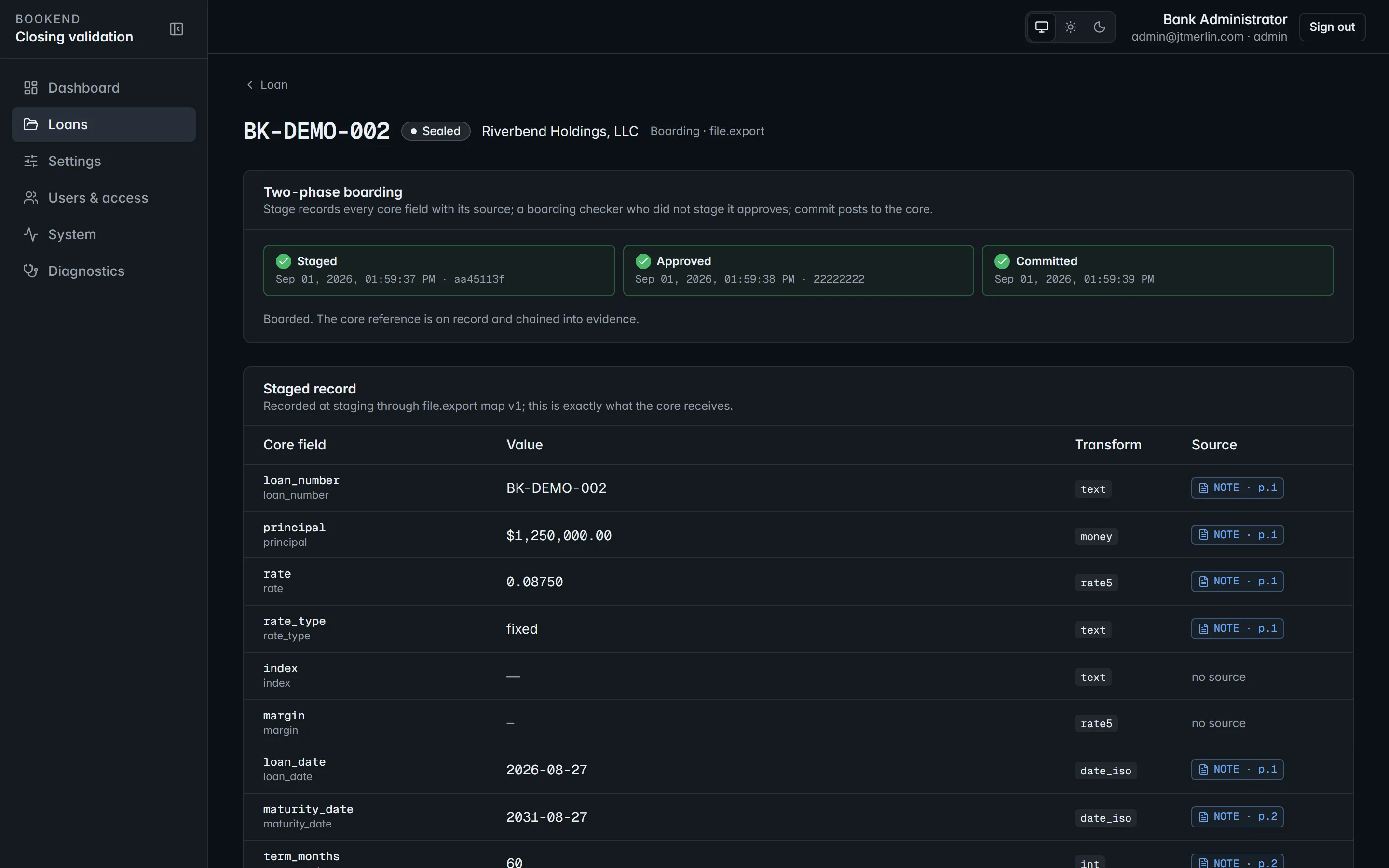 The boarding page: core field map entries with their values and the boarding action.