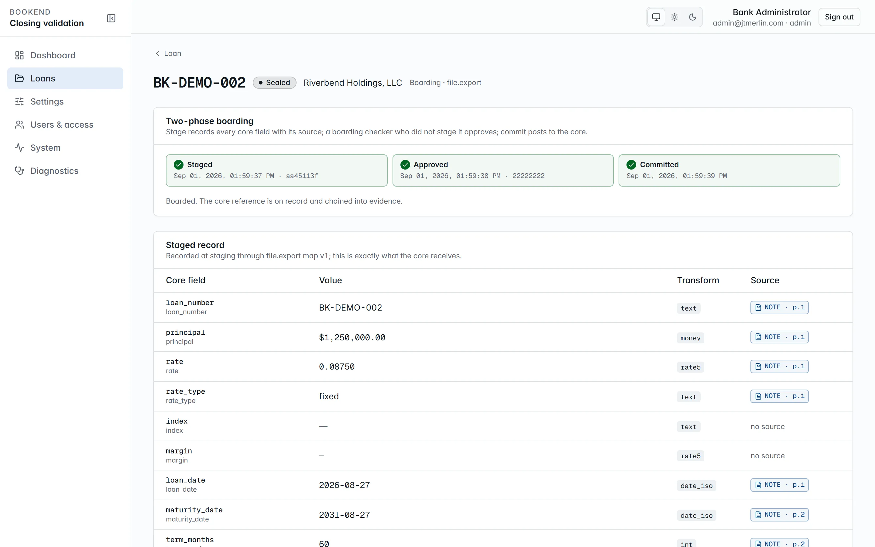 The boarding page: core field map entries with their values and the boarding action.