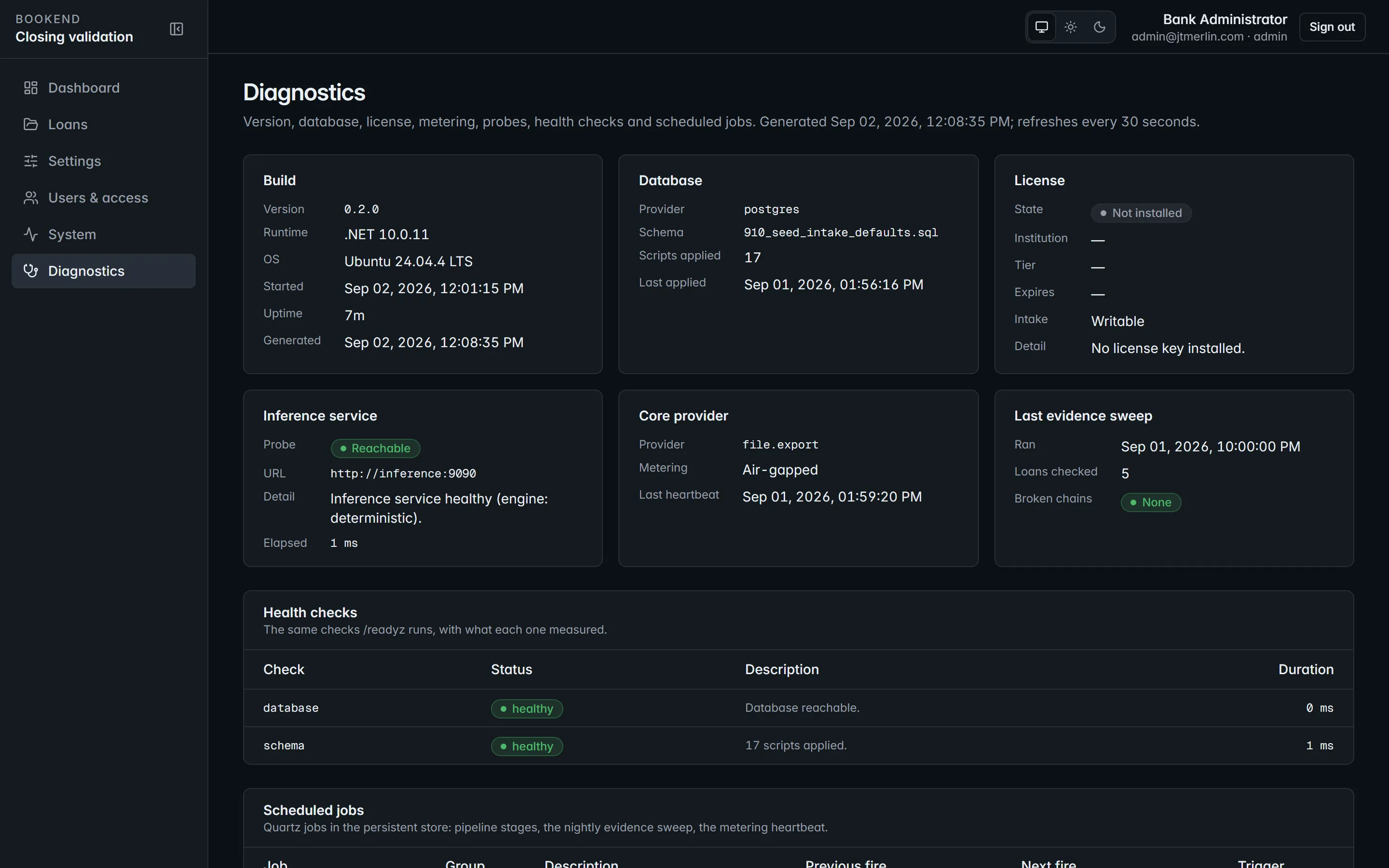System → Diagnostics: health of each container and dependency, with probe buttons.