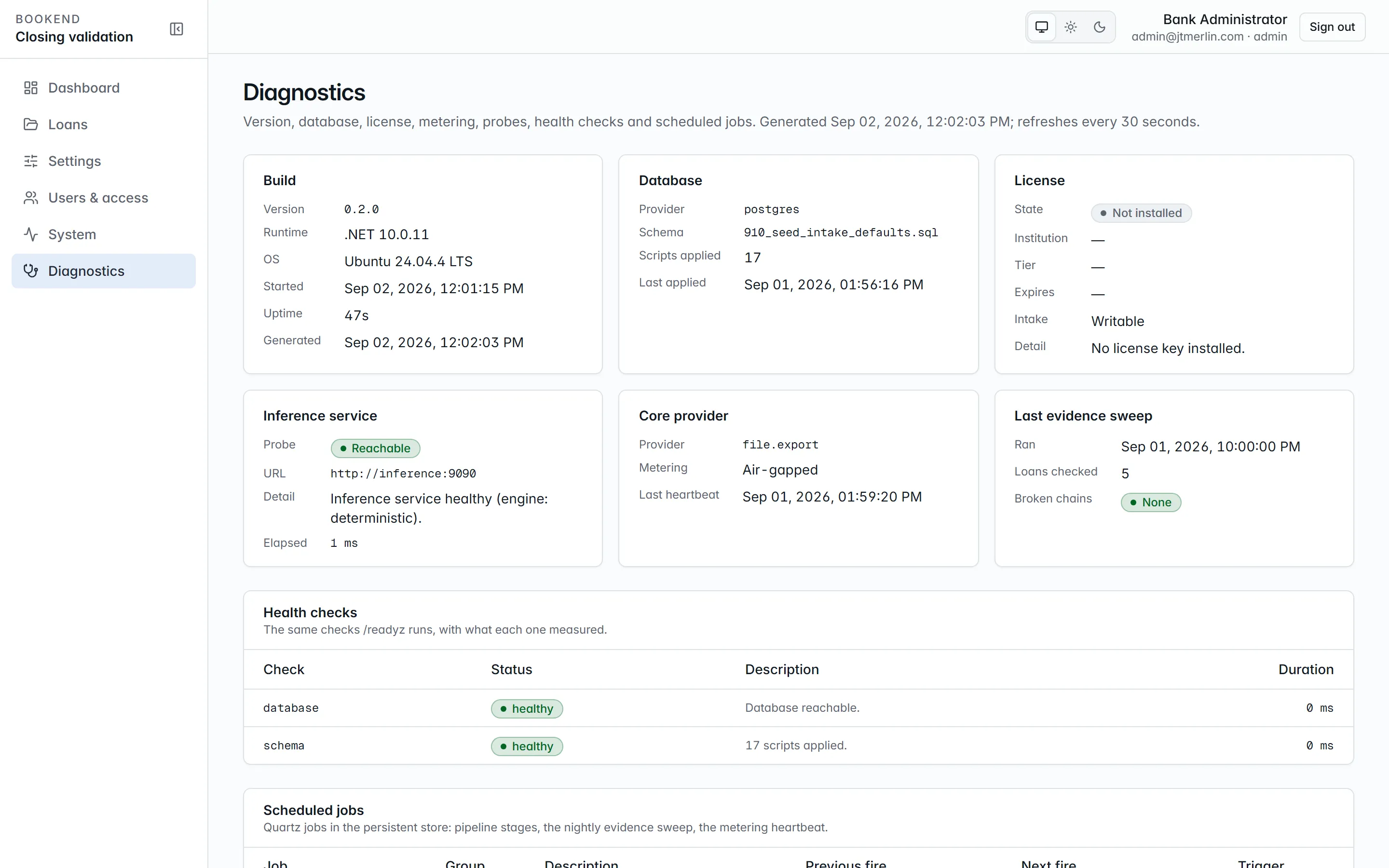 System → Diagnostics: health of each container and dependency, with probe buttons.