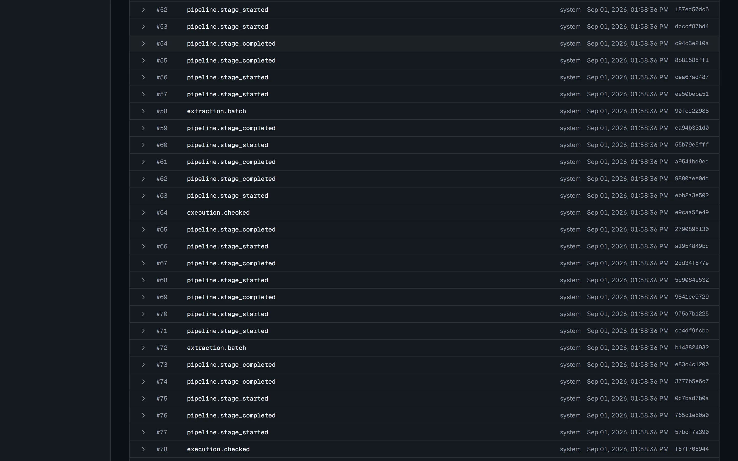 The evidence list on a loan page: each event with its actor, time and hash.