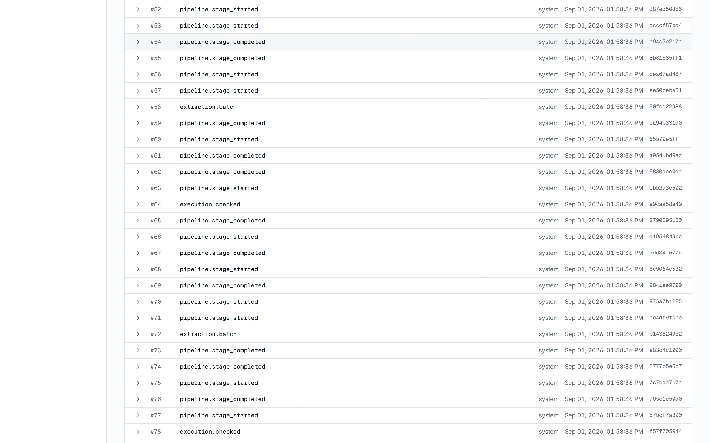 The evidence list on a loan page: each event with its actor, time and hash.
