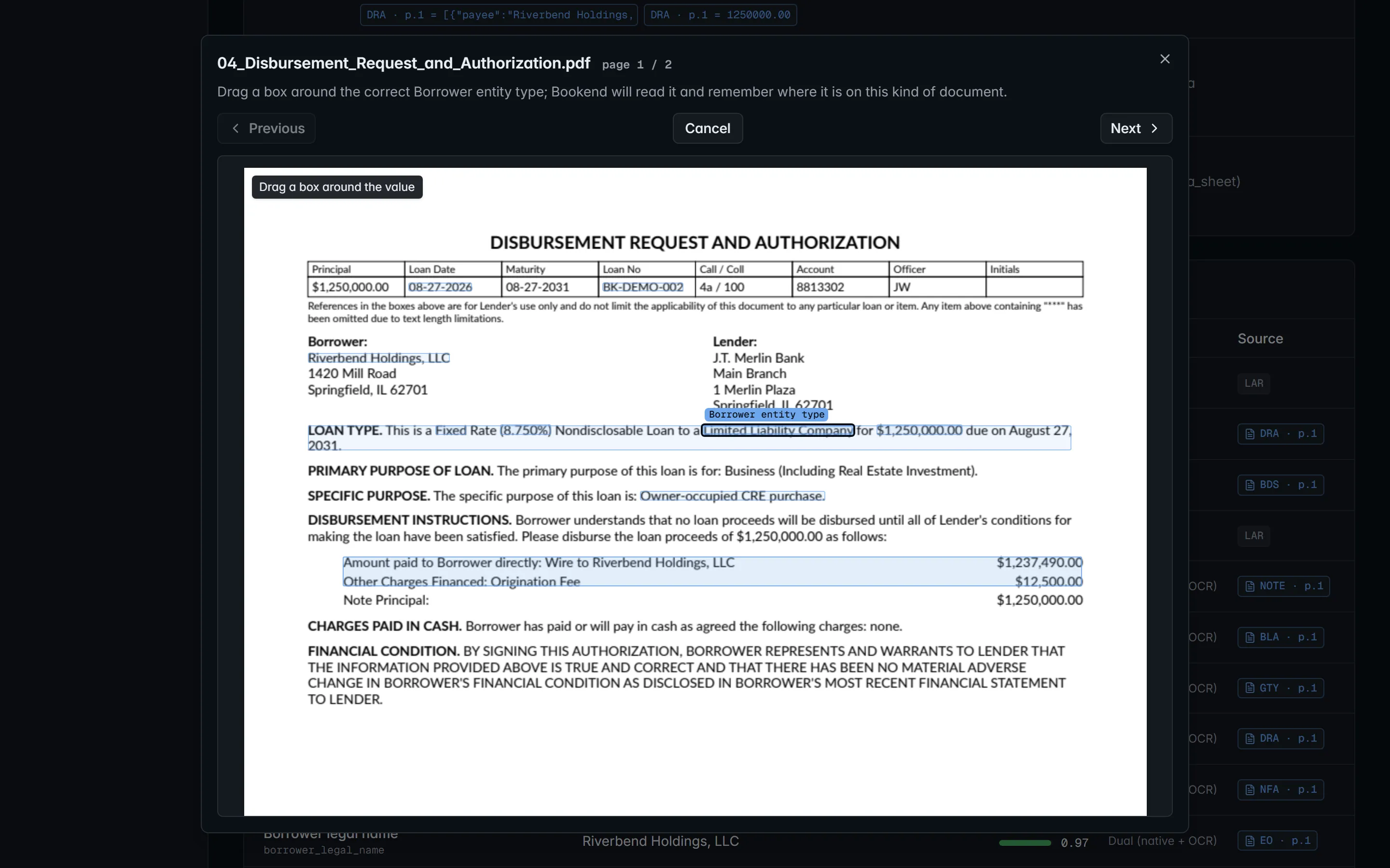 The page viewer on a loan in fix mode, asking for a box around the correct value.