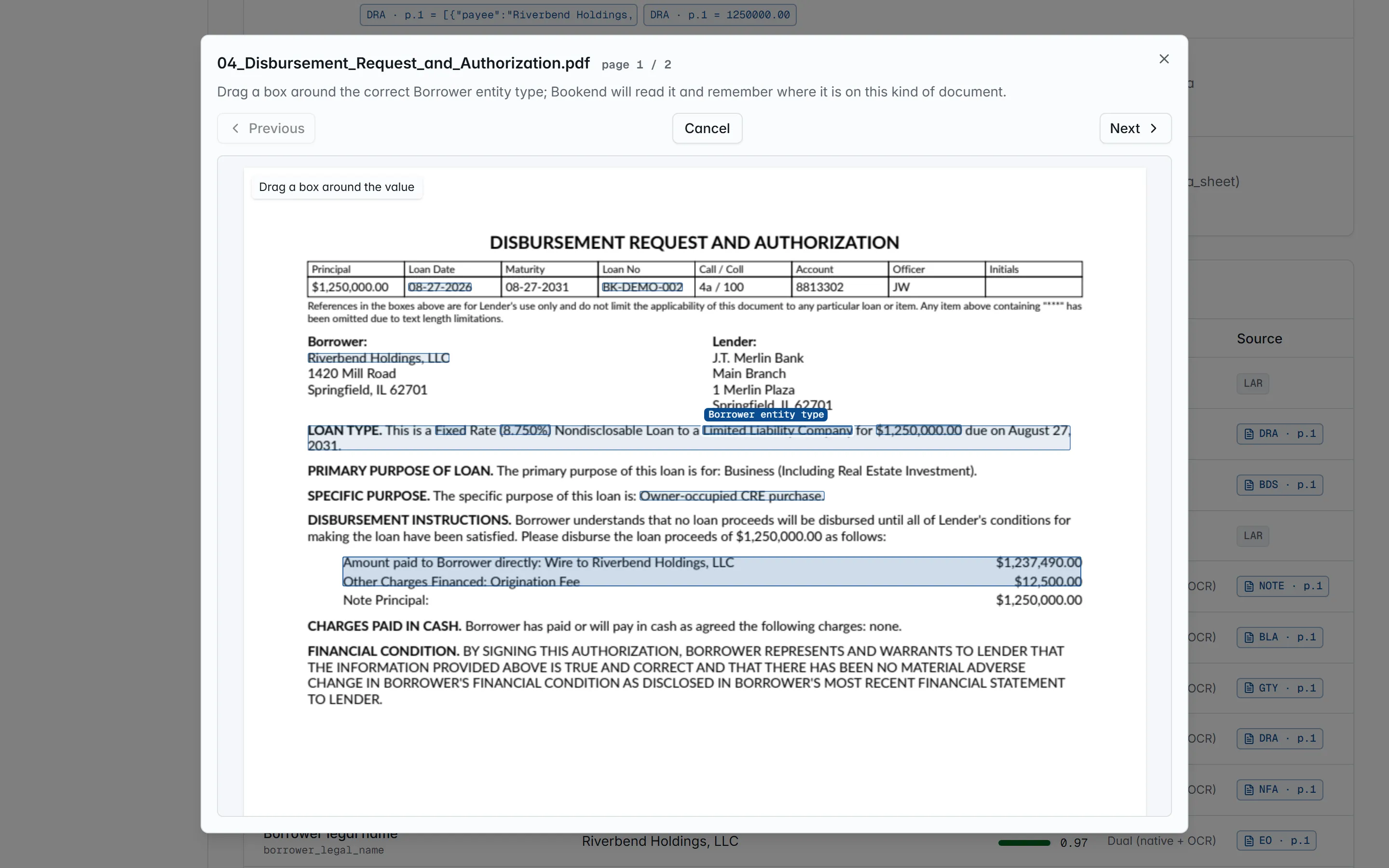 The page viewer on a loan in fix mode, asking for a box around the correct value.