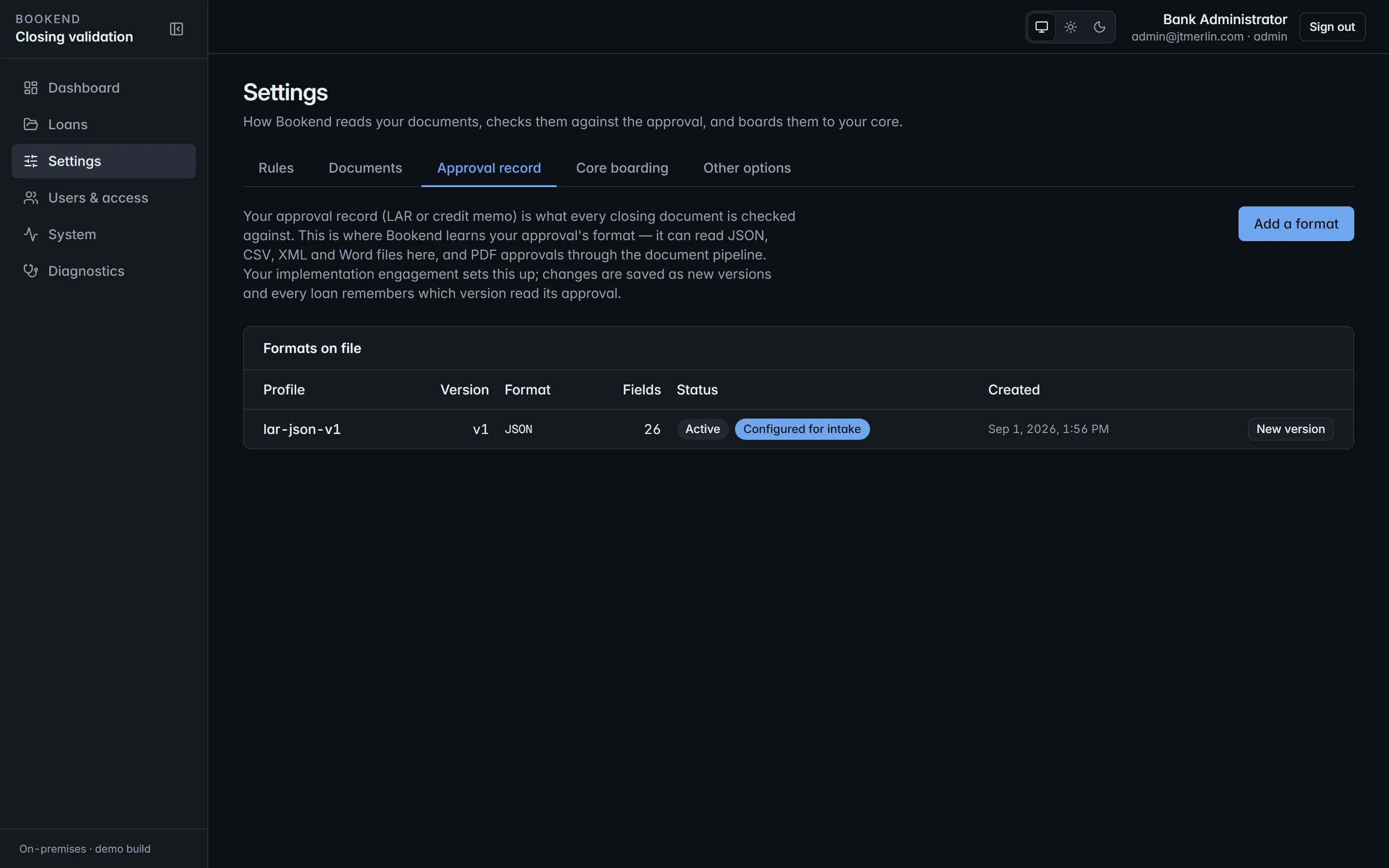 LAR profiles: the profile list with versions and a live preview against a sample approval record.