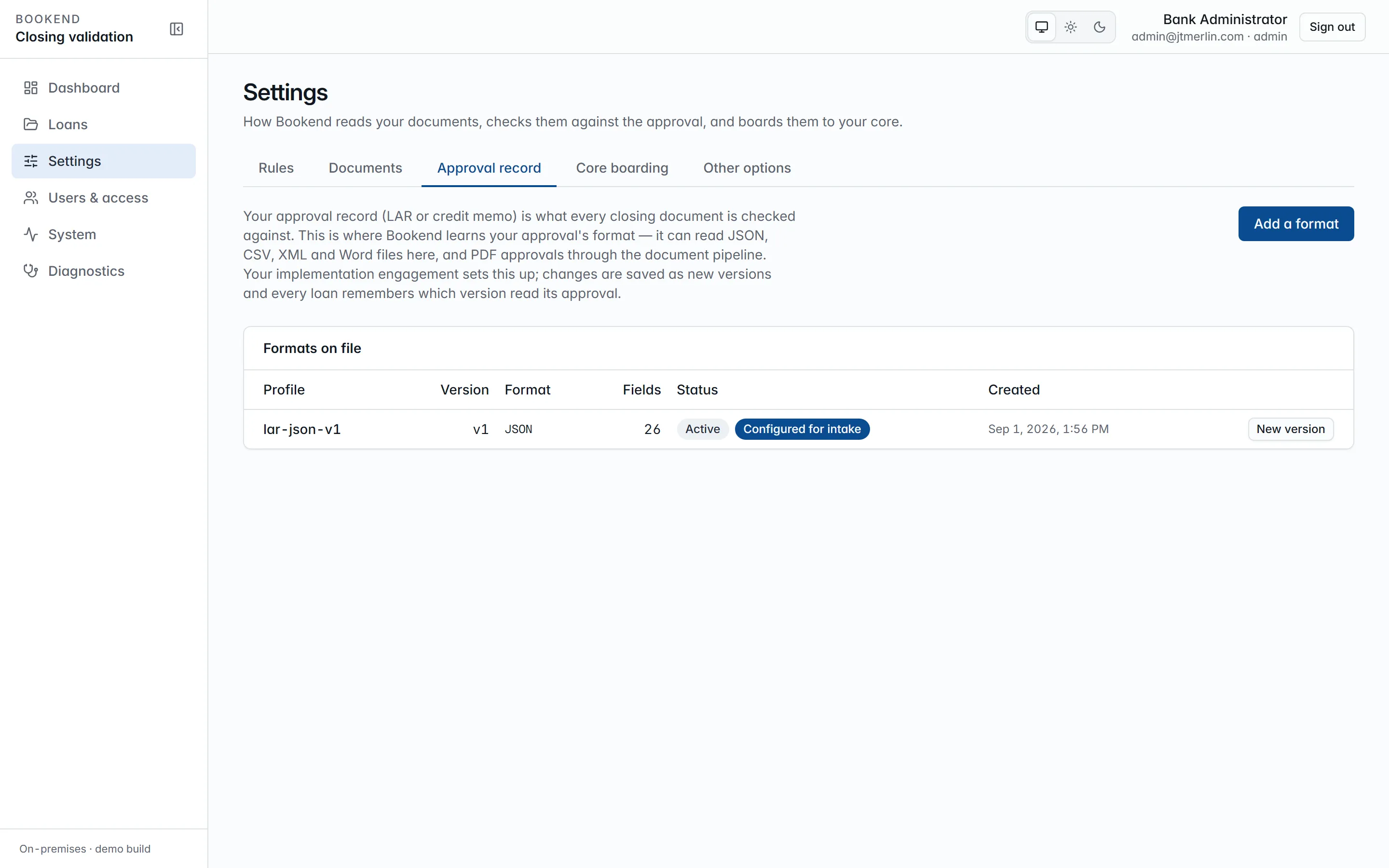 LAR profiles: the profile list with versions and a live preview against a sample approval record.