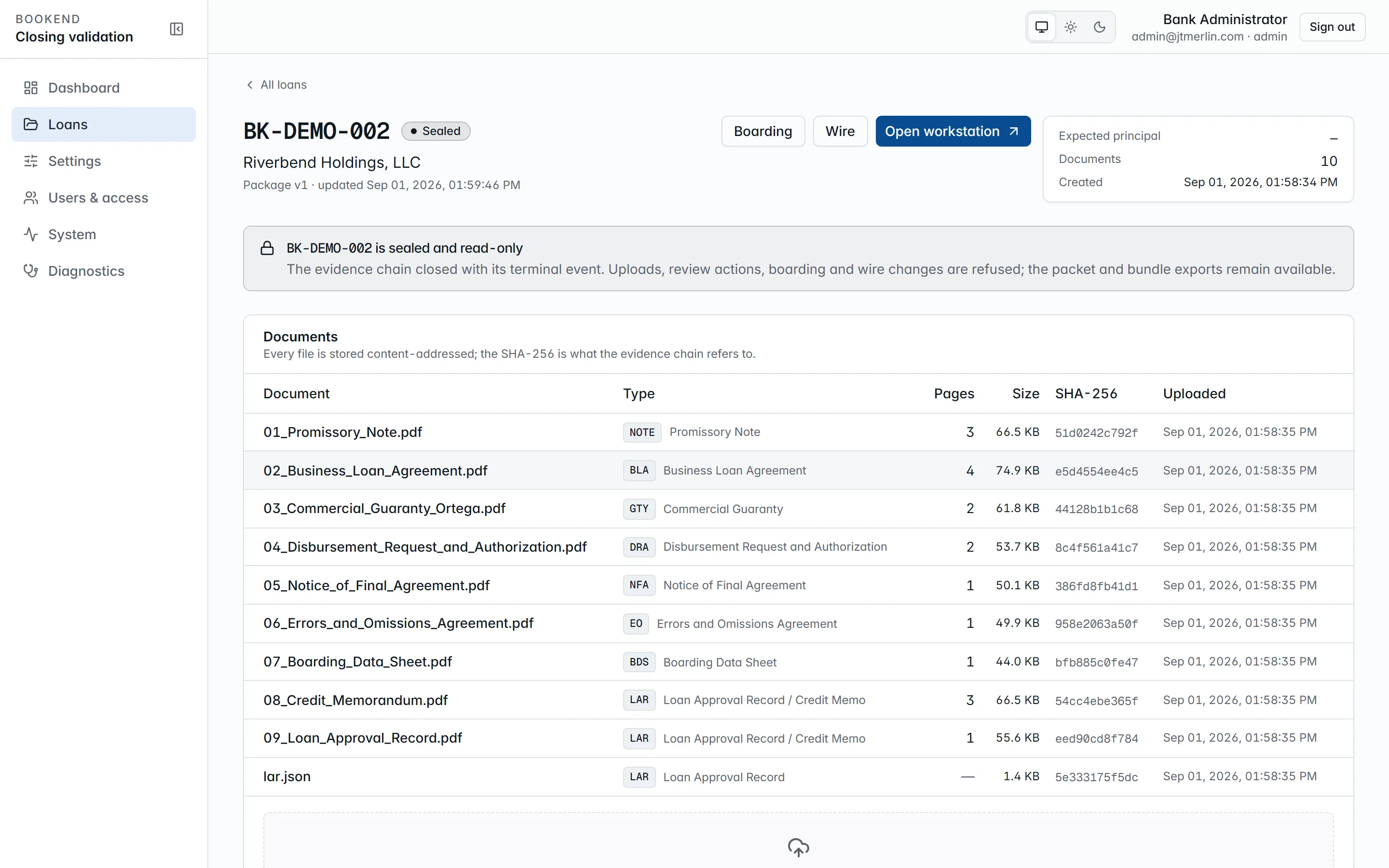 A loan page: the pipeline grid with a chip per stage, the documents table and the extracted fields with provenance chips.