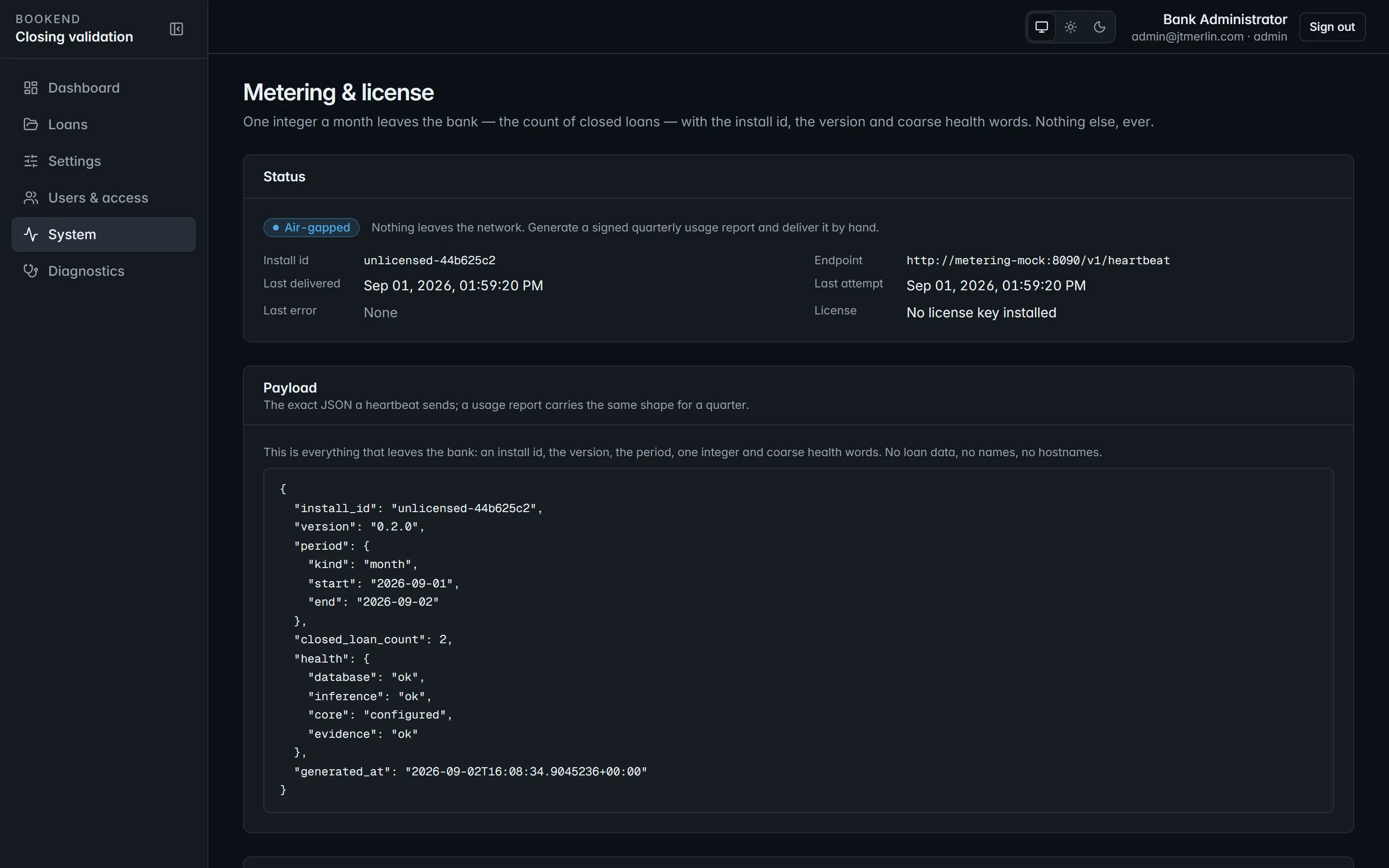 System → Metering: the exact heartbeat payload, last send and next send.