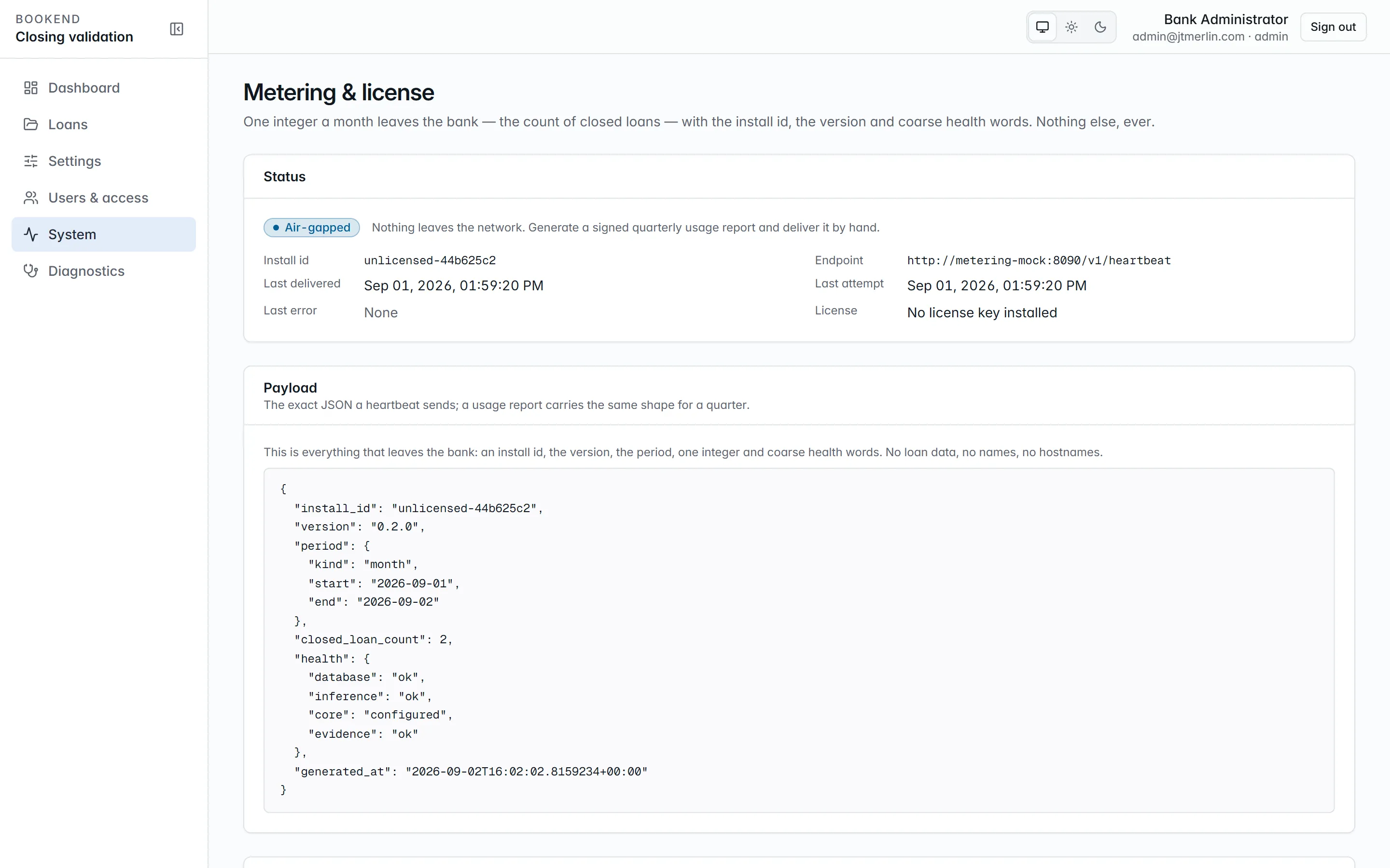 System → Metering: the exact heartbeat payload, last send and next send.