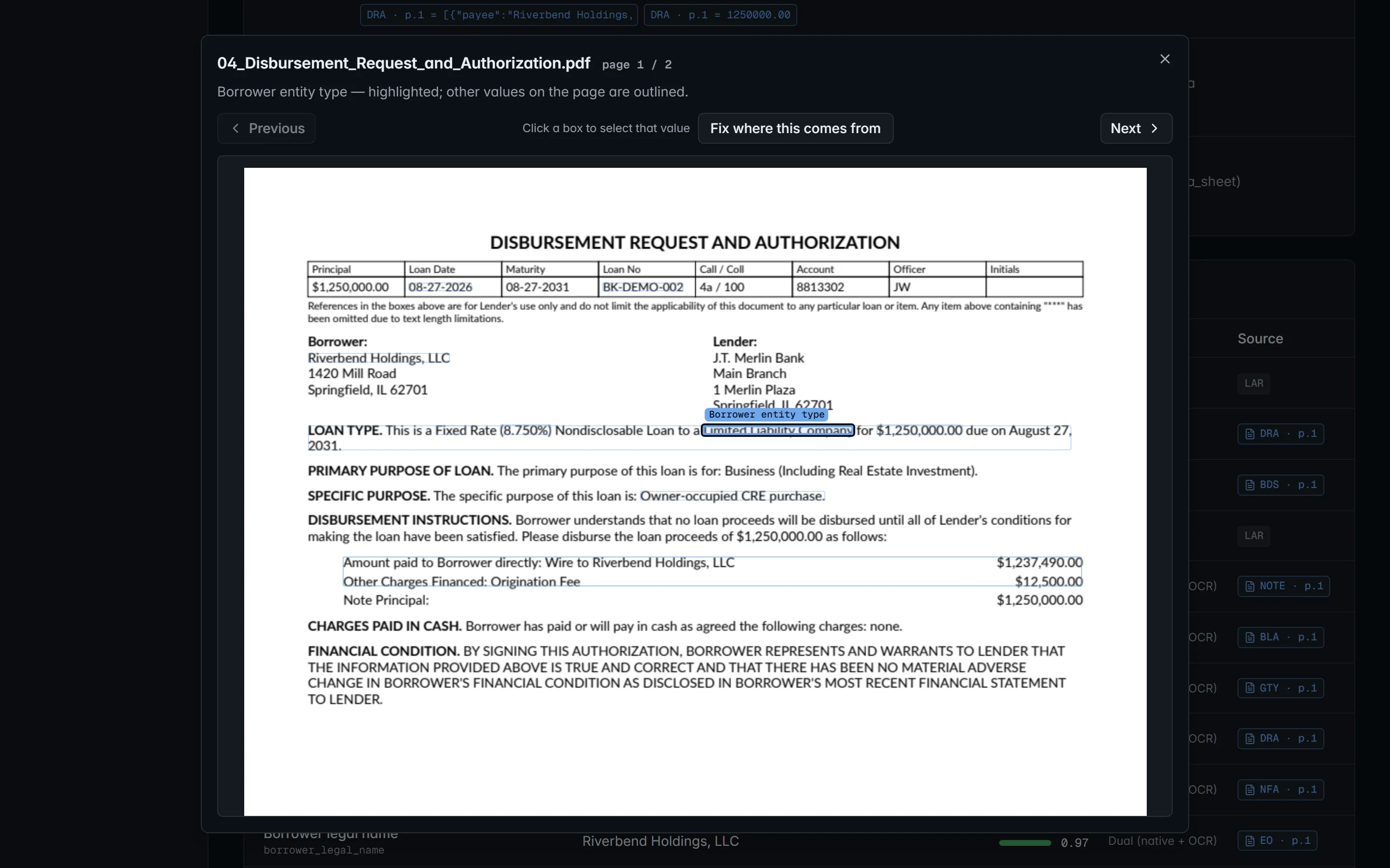 The page viewer opened from a provenance chip: the source document page with the extracted value boxed.