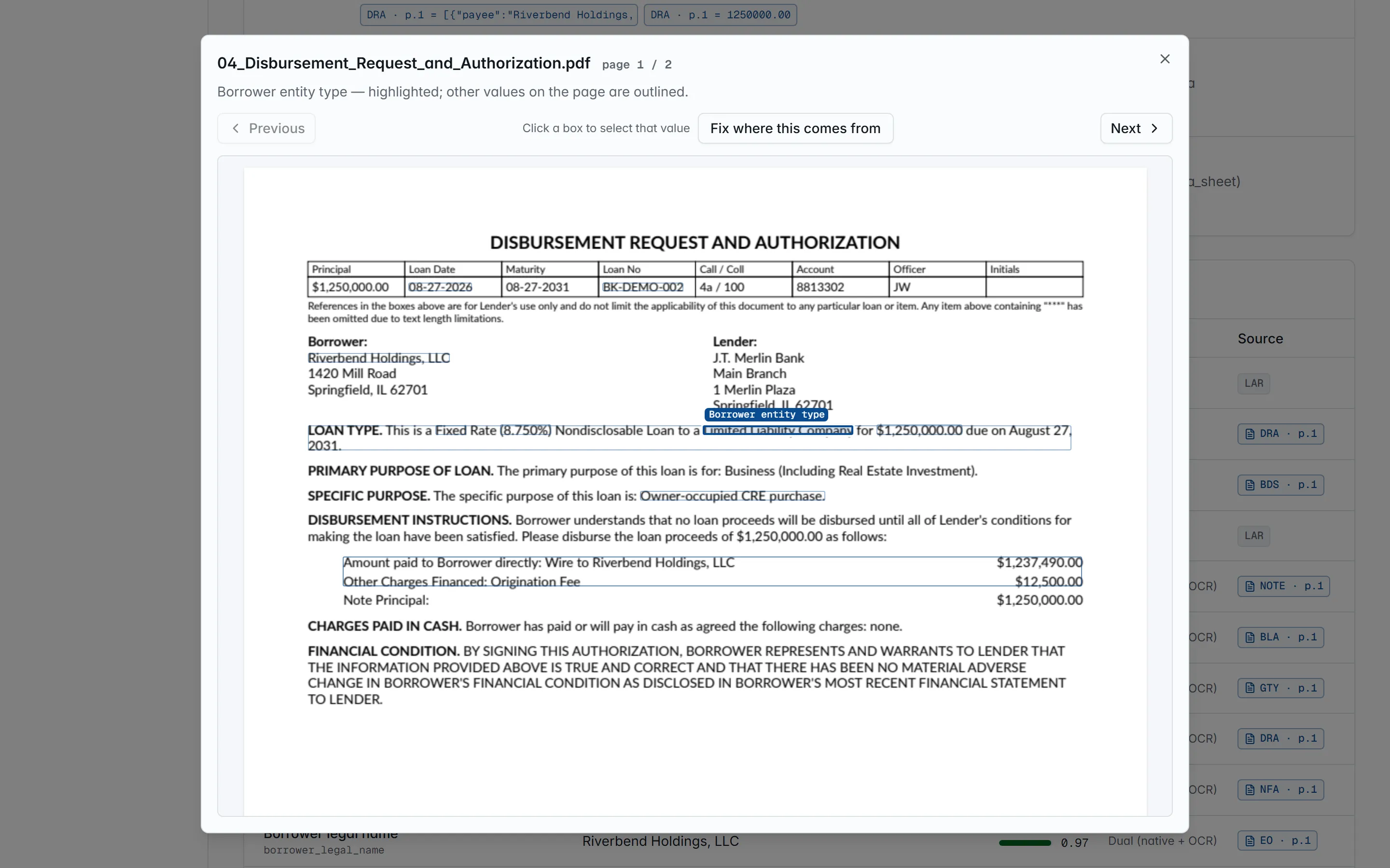 The page viewer opened from a provenance chip: the source document page with the extracted value boxed.