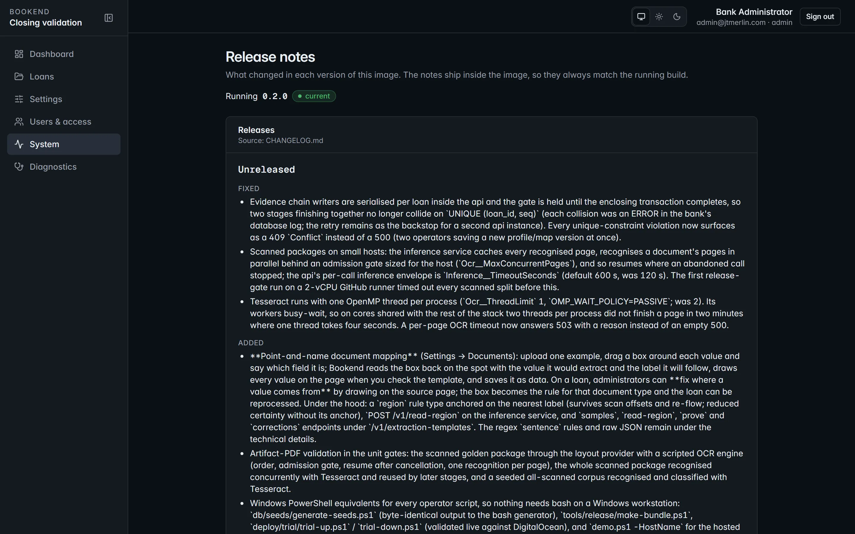 System → Releases: the current version and the release list.