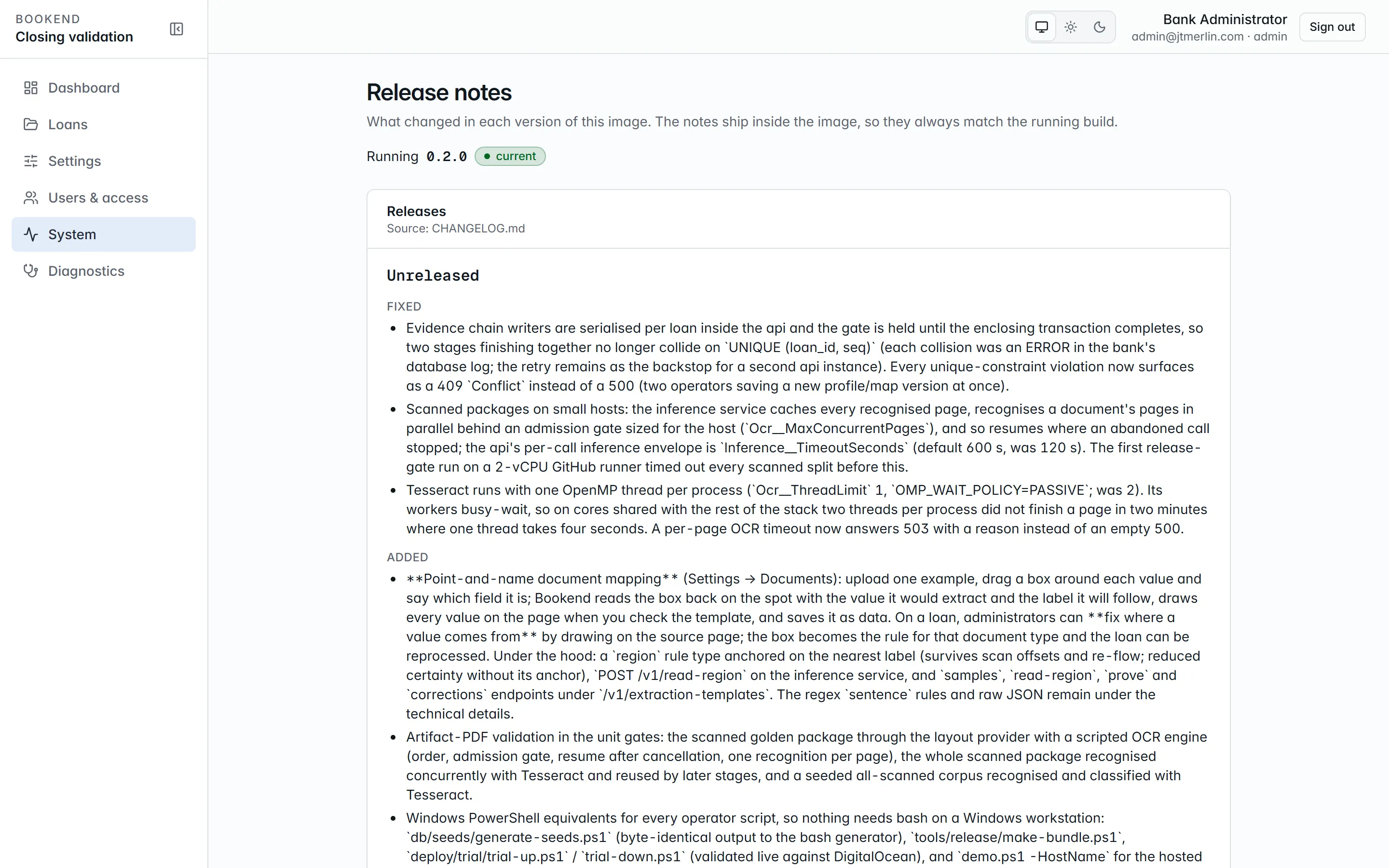System → Releases: the current version and the release list.