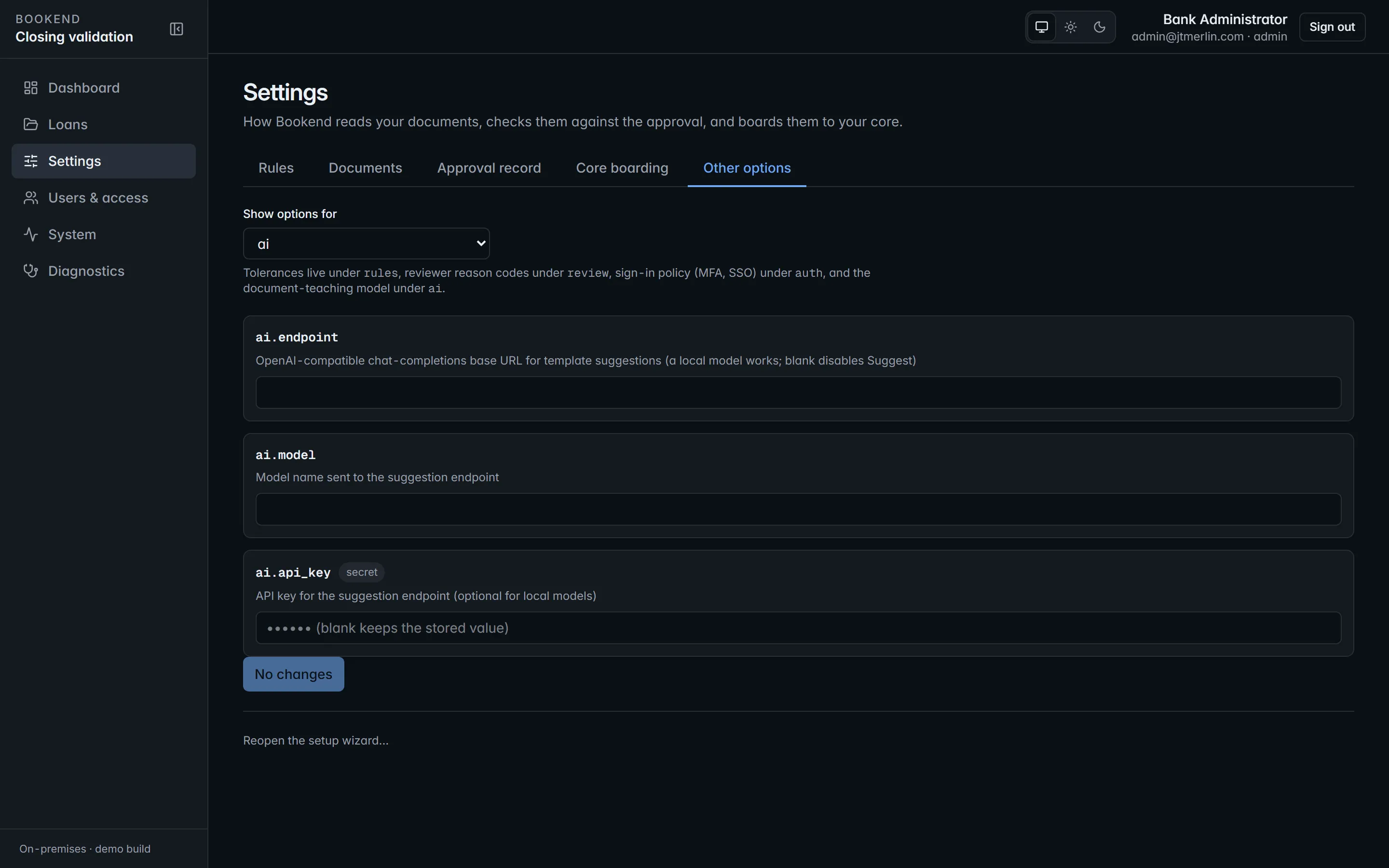 Settings → Other options: setting groups with keys, values and descriptions.