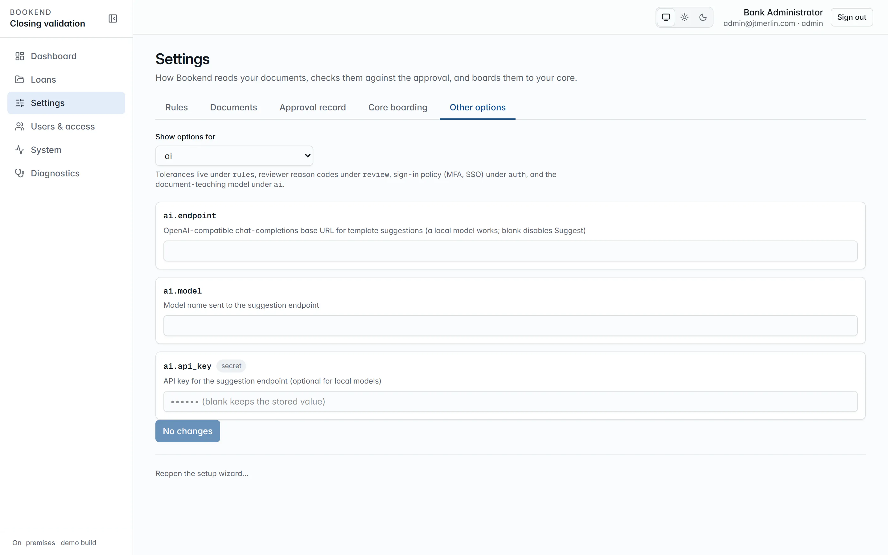 Settings → Other options: setting groups with keys, values and descriptions.