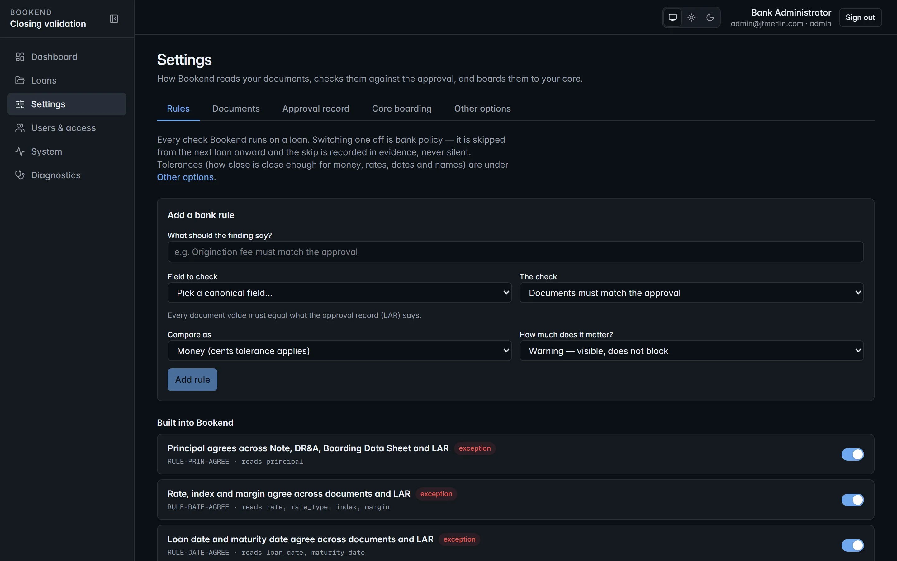 Settings → Rules: a form to add a bank rule and the built-in rules with on/off switches.