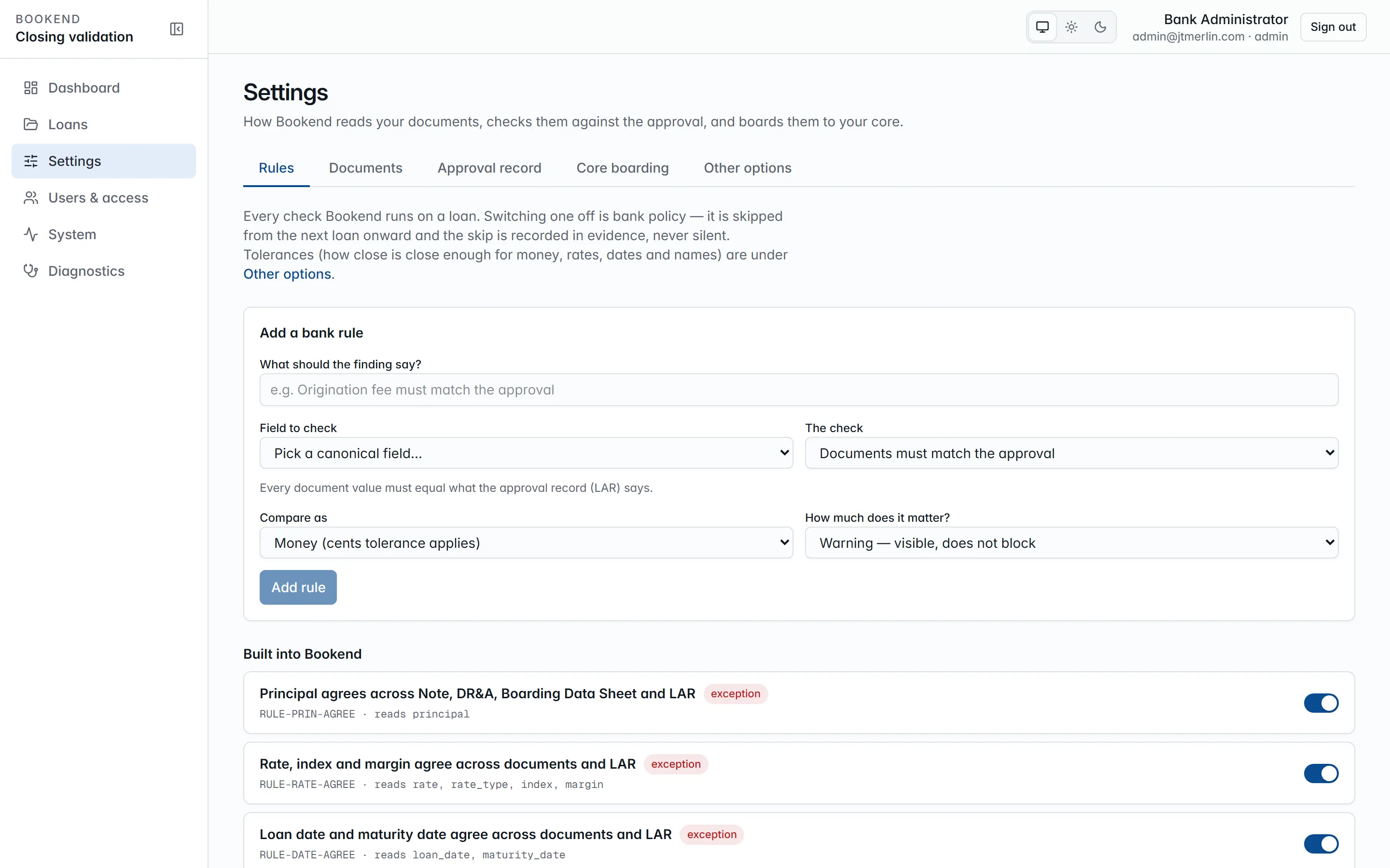 Settings → Rules: a form to add a bank rule and the built-in rules with on/off switches.