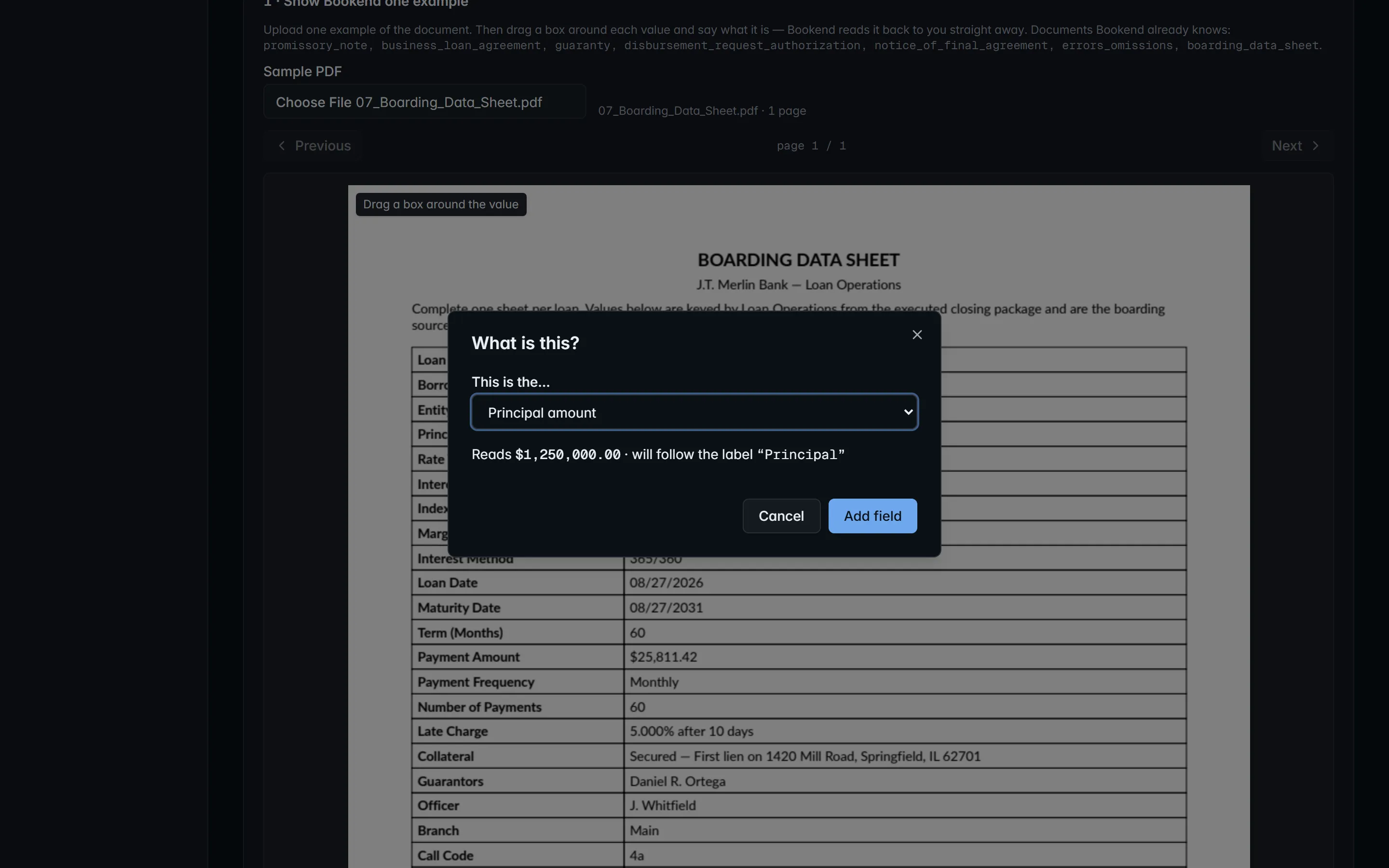 The What is this dialog after drawing a box on a boarding data sheet: the text read inside the box, a field selector set to Principal amount, and the read-back showing $1,250,000.00 anchored to the label Principal.