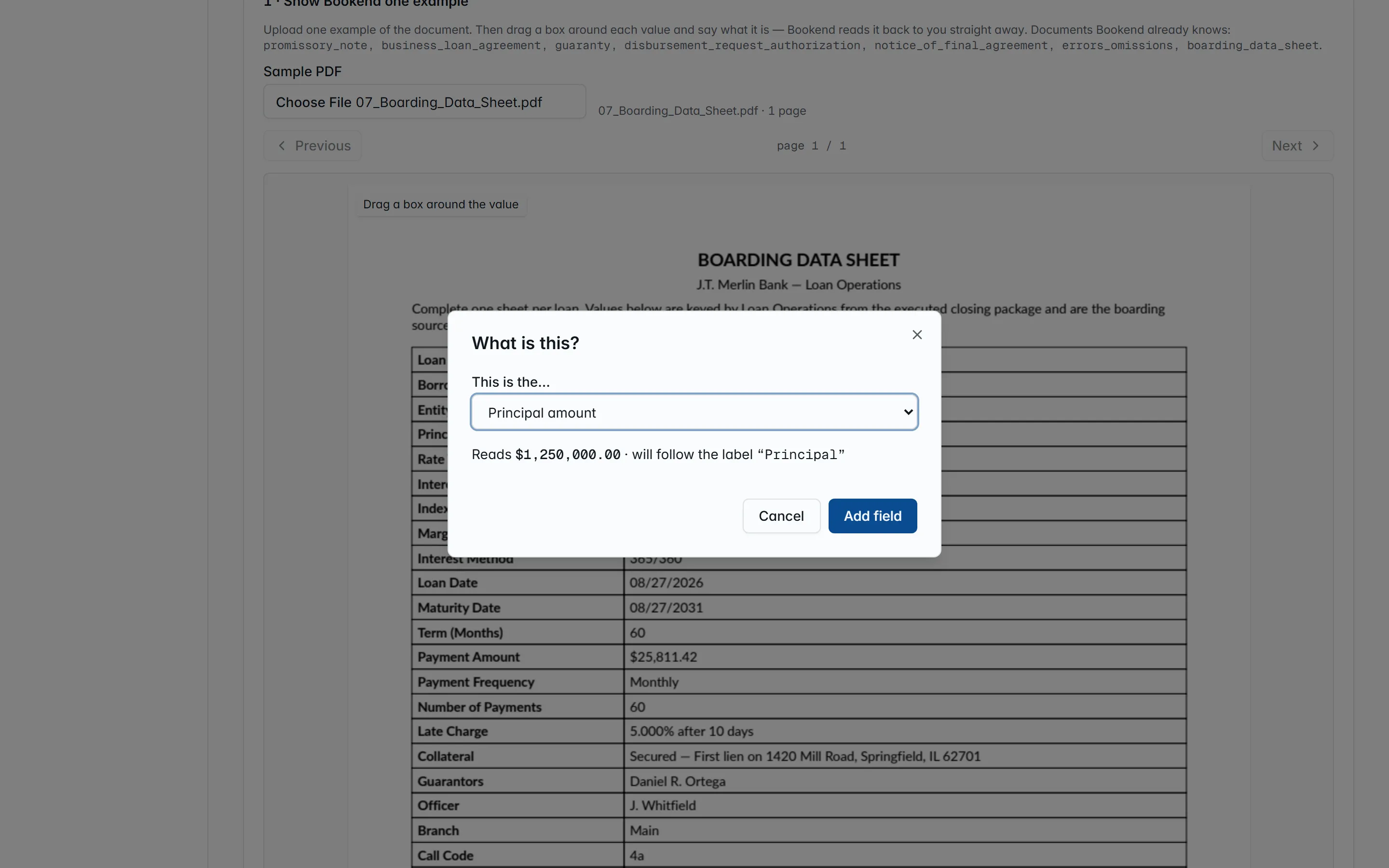 The What is this dialog after drawing a box on a boarding data sheet: the text read inside the box, a field selector set to Principal amount, and the read-back showing $1,250,000.00 anchored to the label Principal.