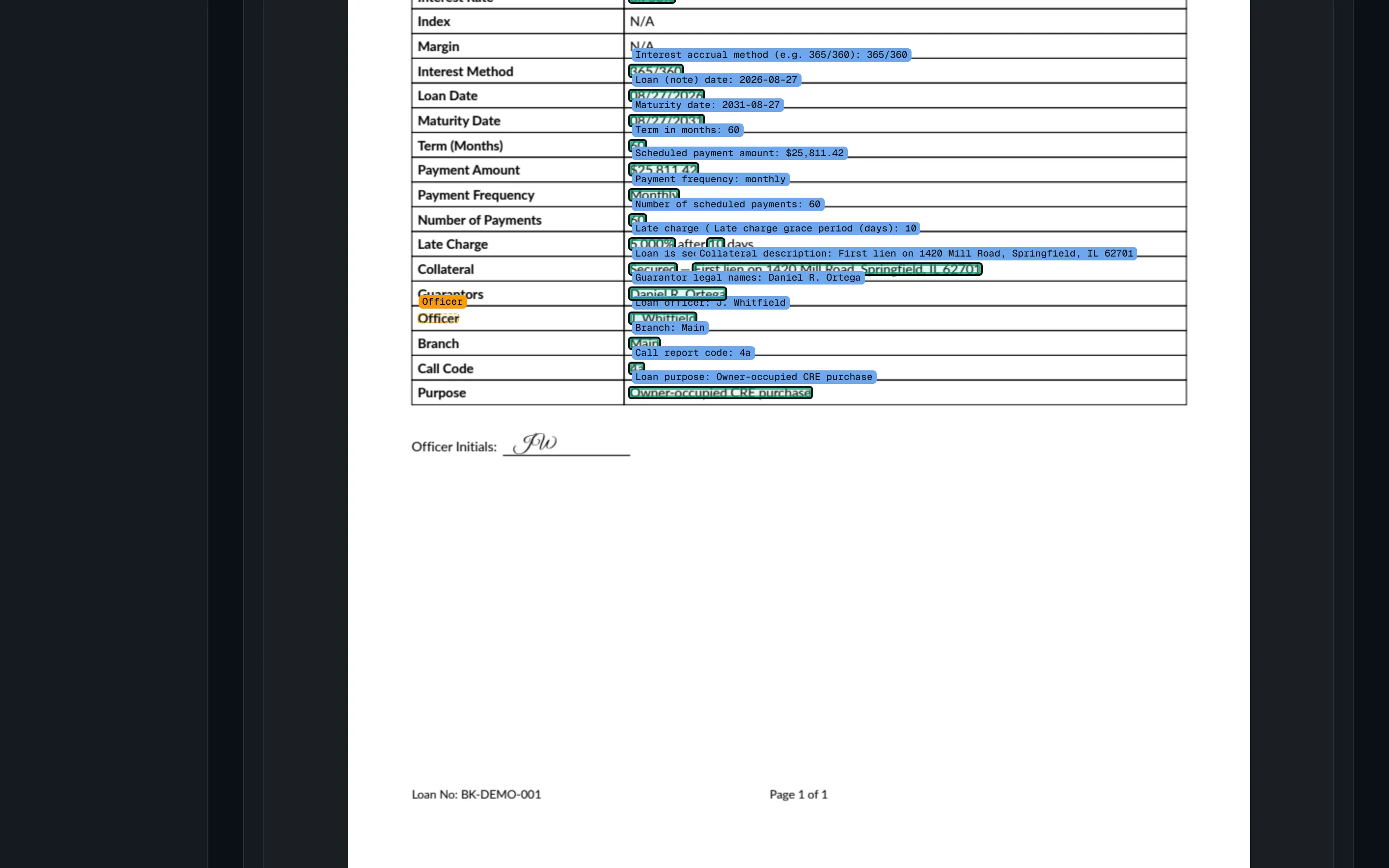 The template studio after Check it on this example: every value the template reads drawn on the sample page in green.