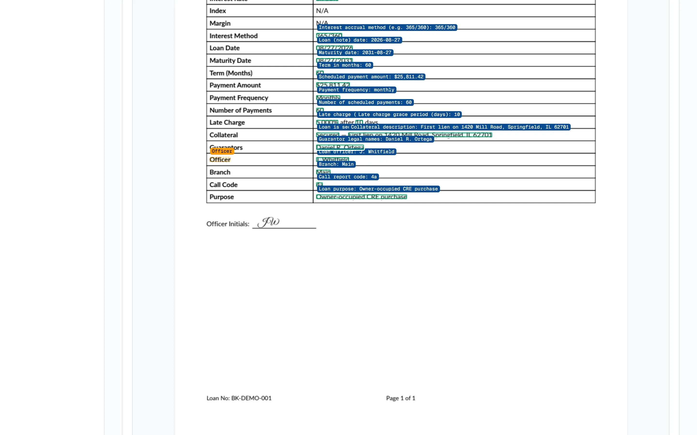 The template studio after Check it on this example: every value the template reads drawn on the sample page in green.
