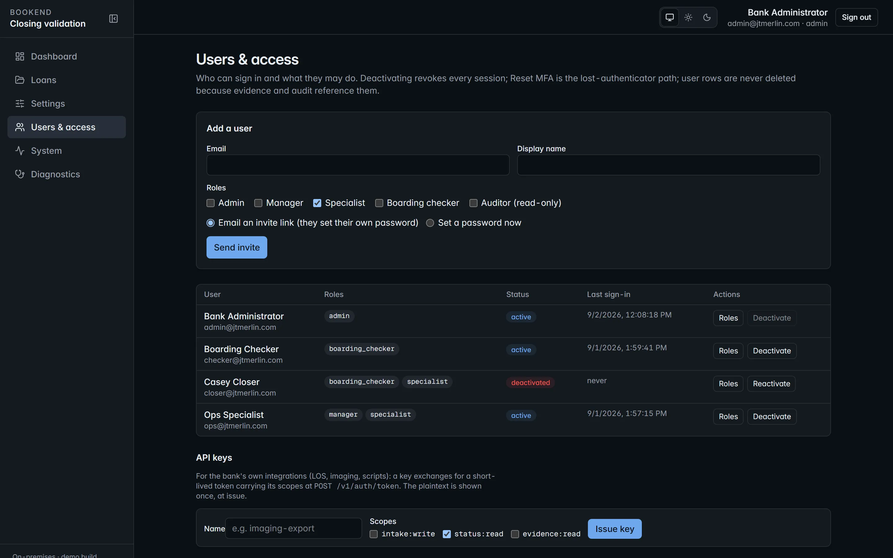 Users & access: the user list with roles, status and invite actions.