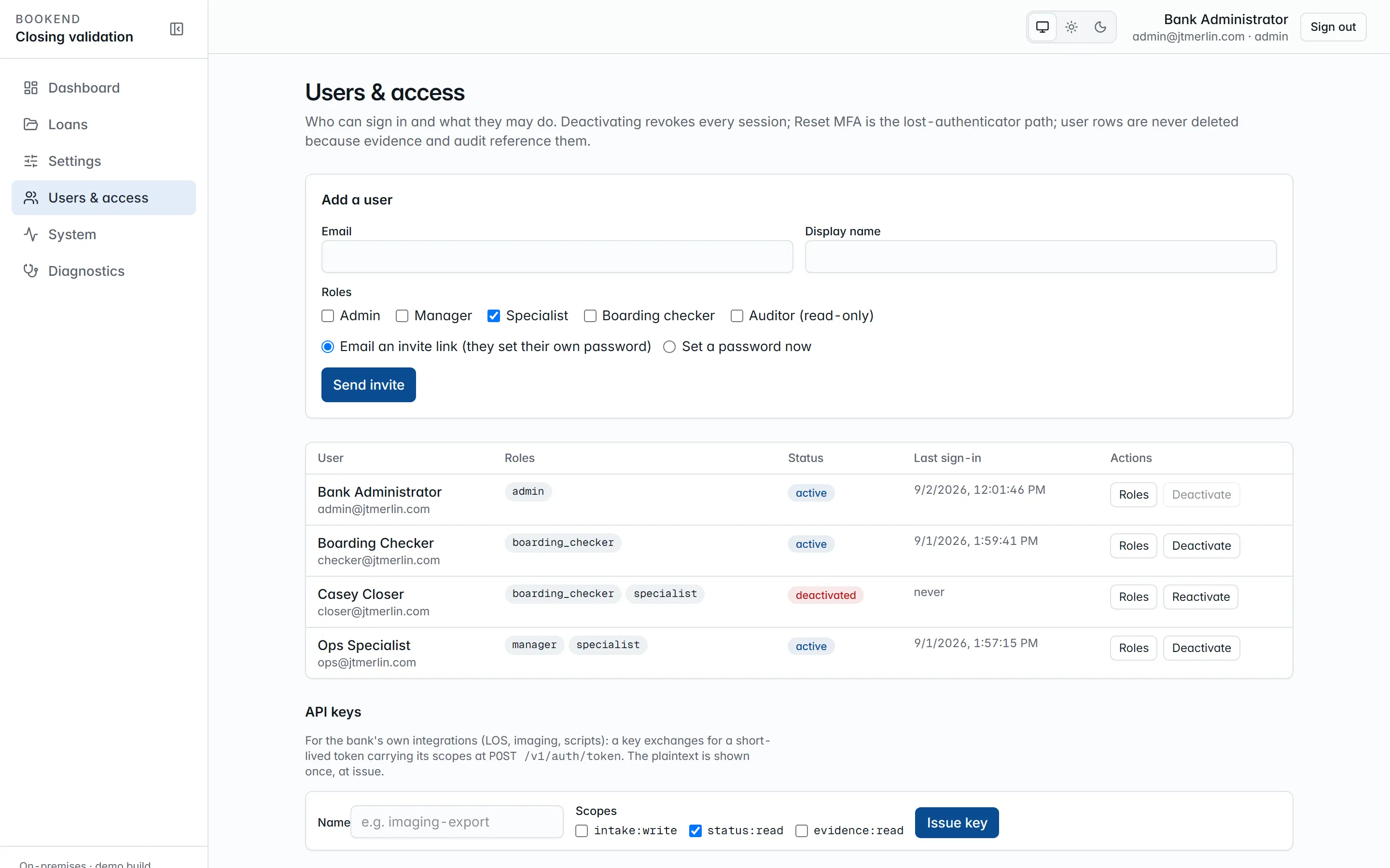 Users & access: the user list with roles, status and invite actions.