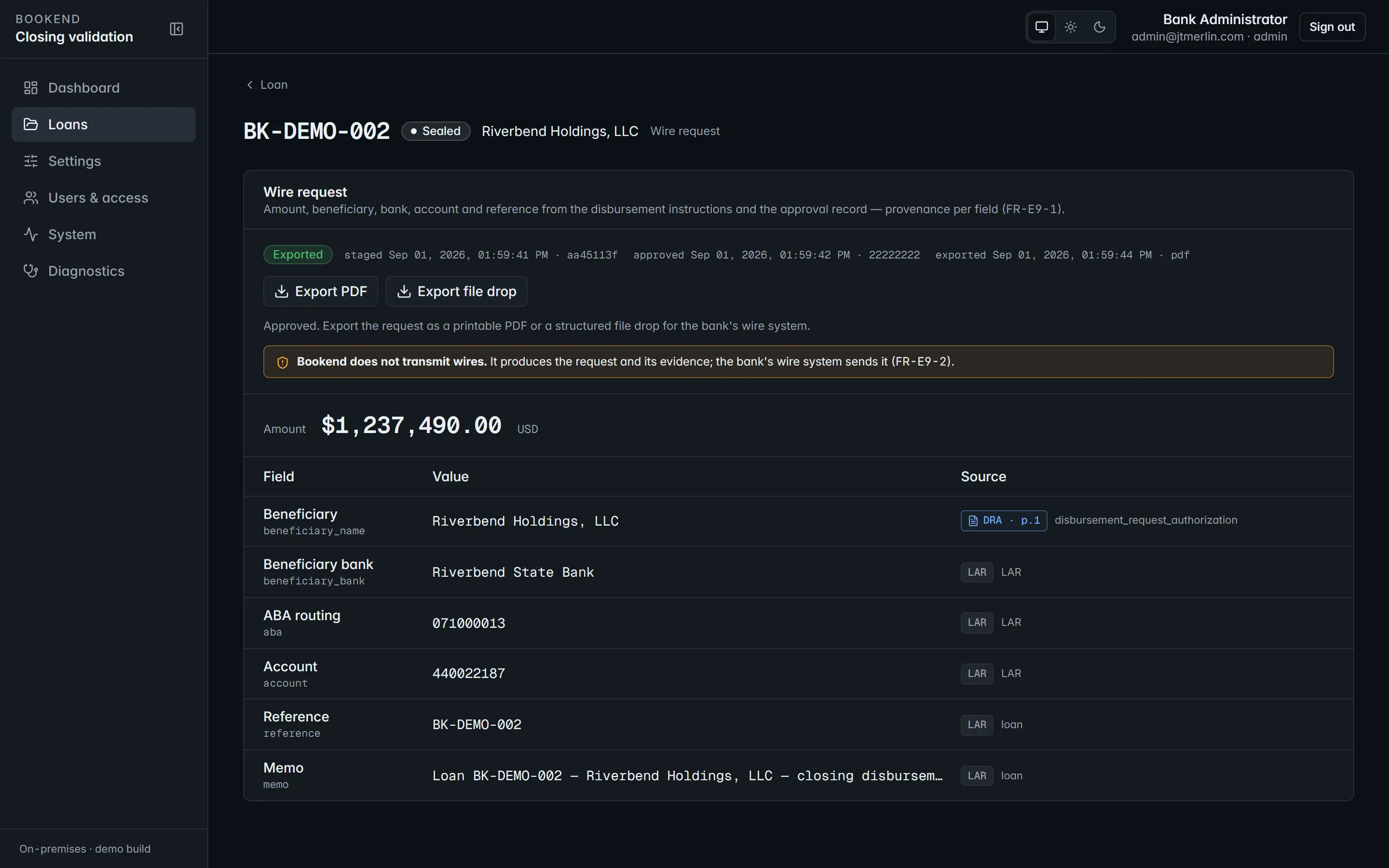 The wire page: disbursement lines, the funding total and the second-person release.