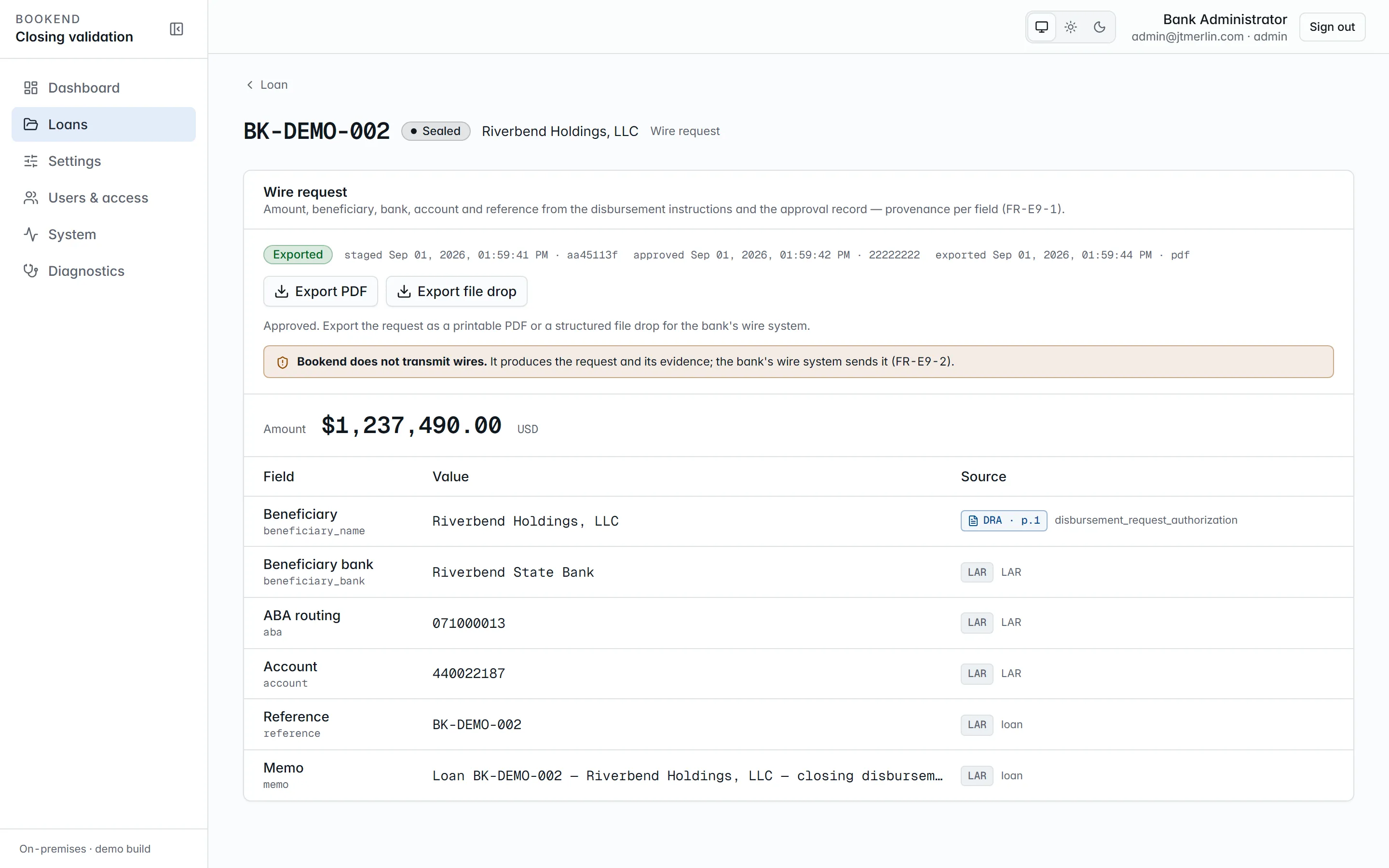 The wire page: disbursement lines, the funding total and the second-person release.