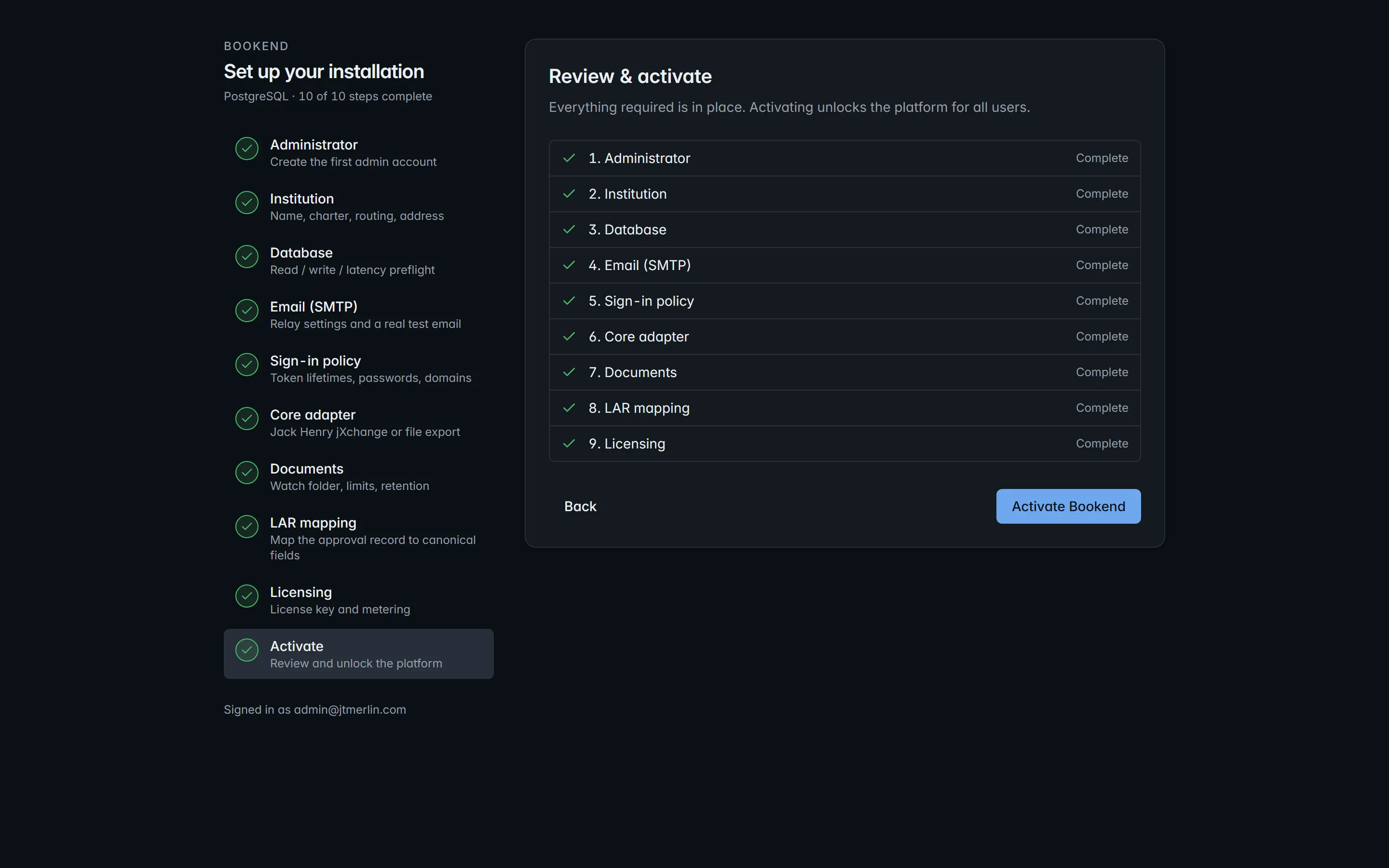 Wizard step 10, Review and activate: every step listed as complete and the Activate Bookend button.