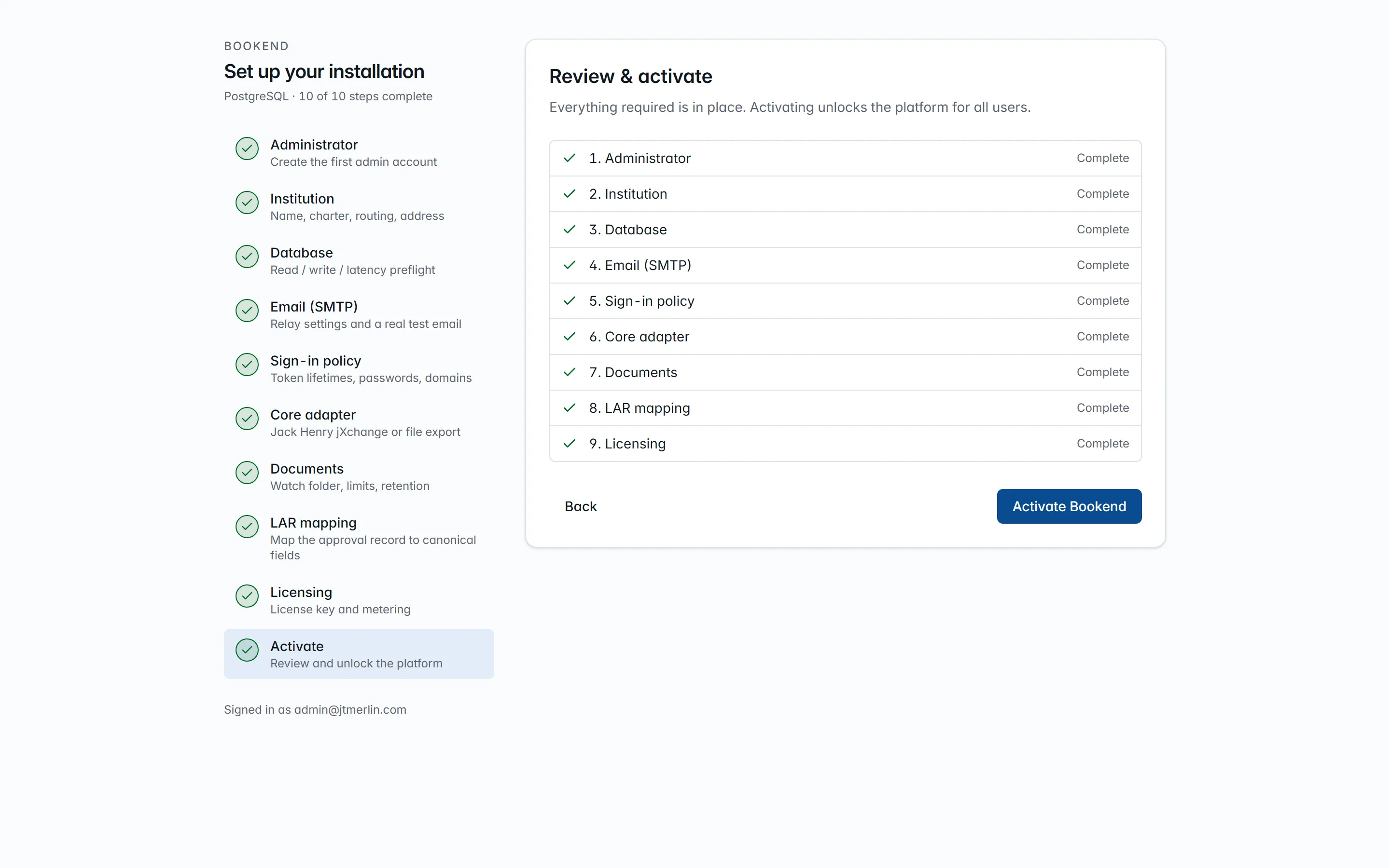 Wizard step 10, Review and activate: every step listed as complete and the Activate Bookend button.
