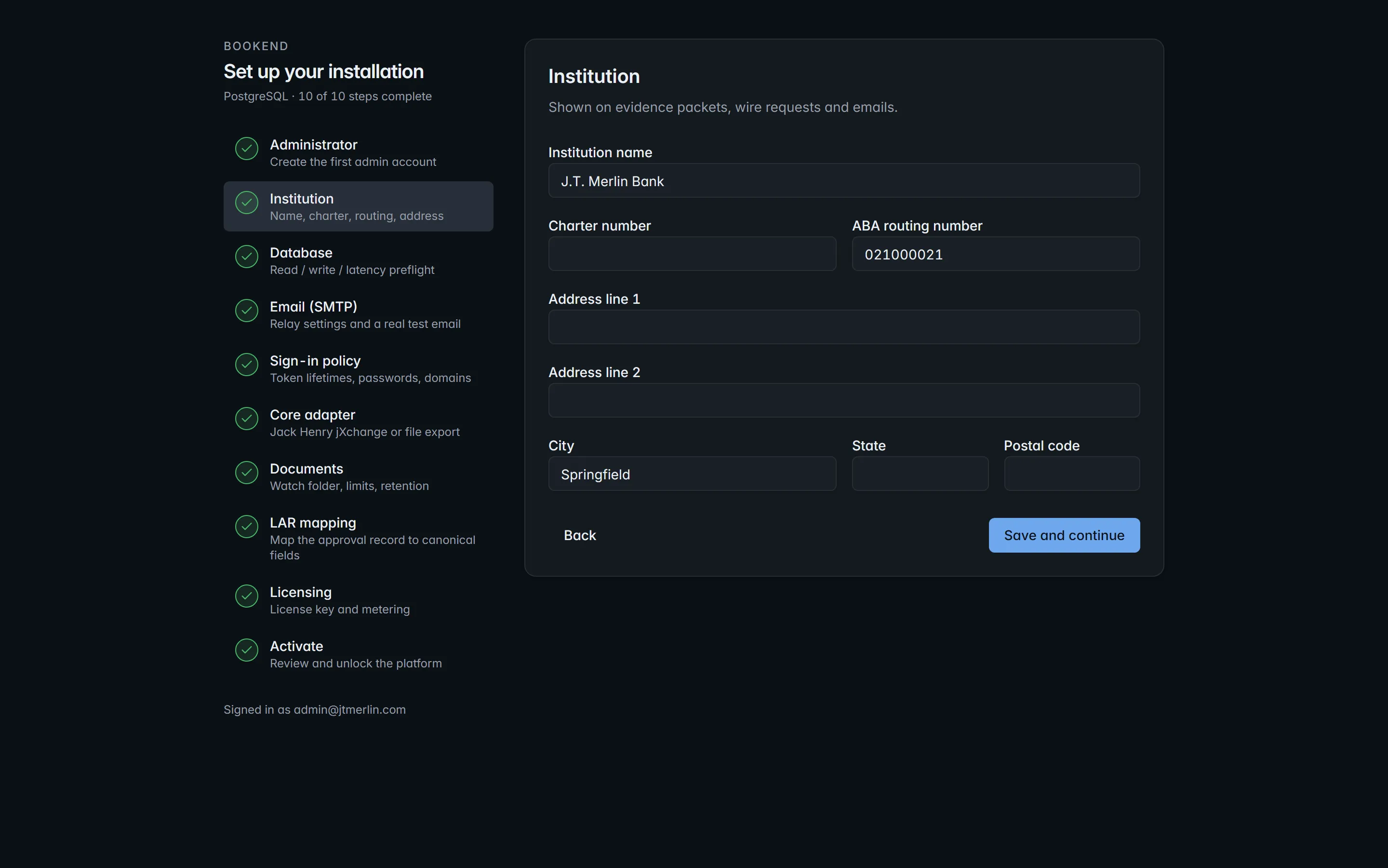 Wizard step 2, Institution: name, routing number, charter and address, with the ten-step list on the left.