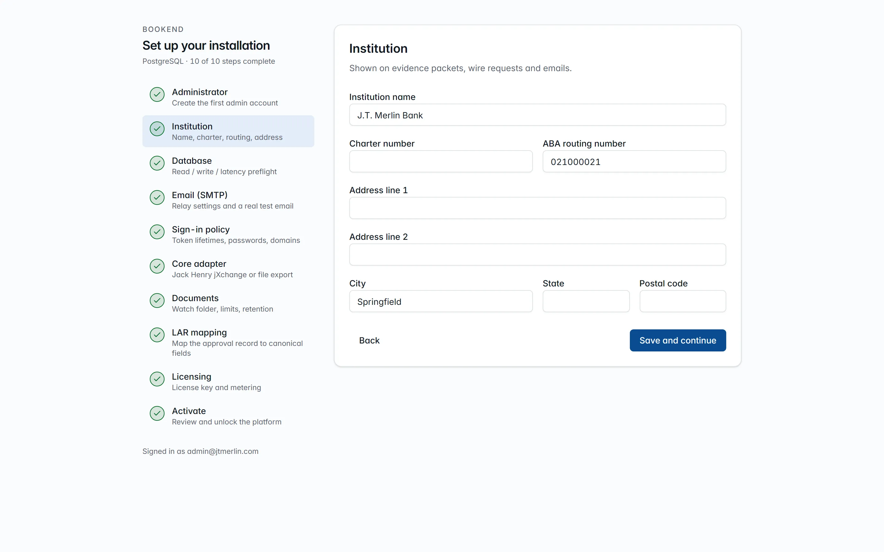 Wizard step 2, Institution: name, routing number, charter and address, with the ten-step list on the left.
