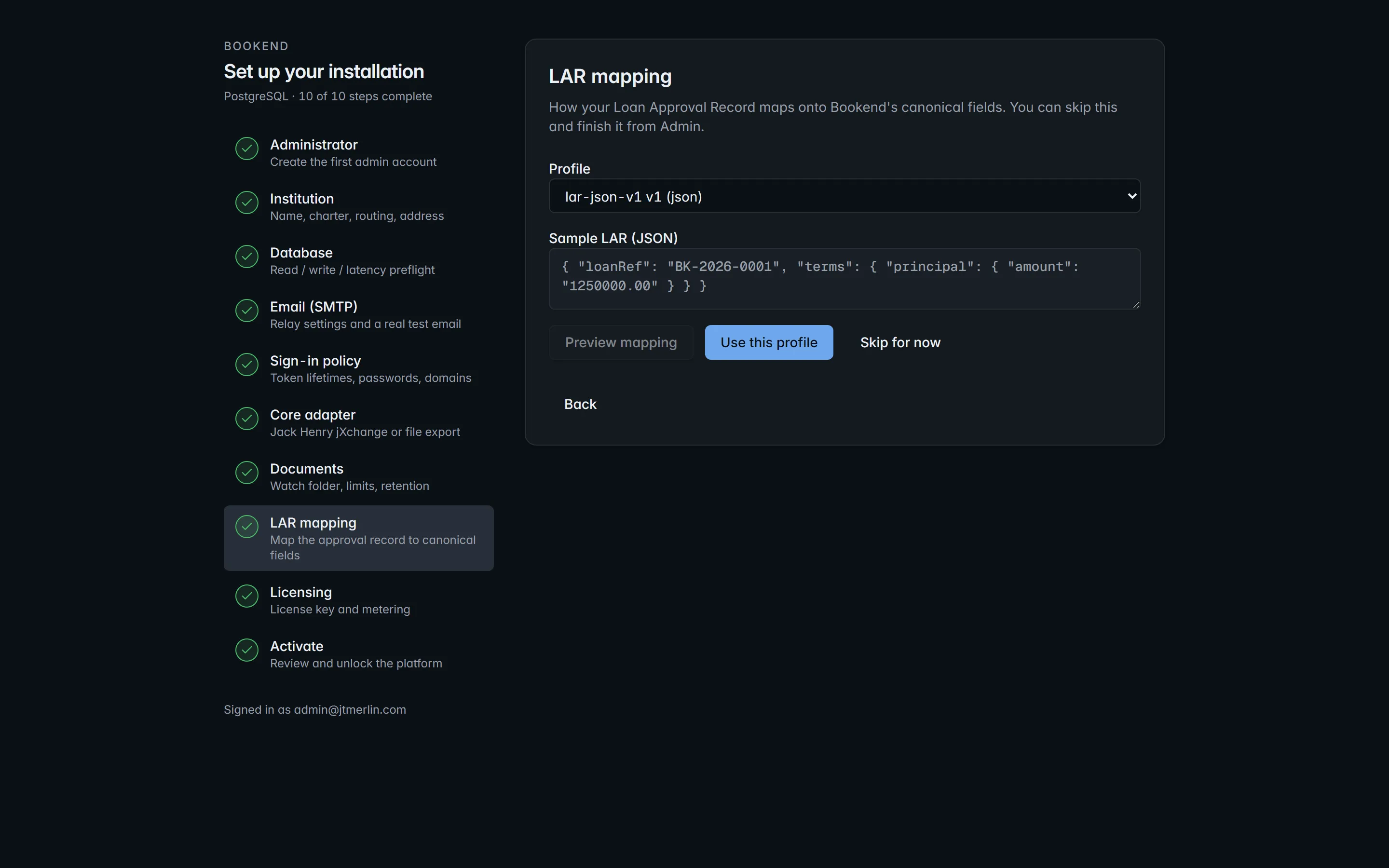 Wizard step 8, LAR mapping: the profile that maps the approval record onto the field catalog, with a live preview.