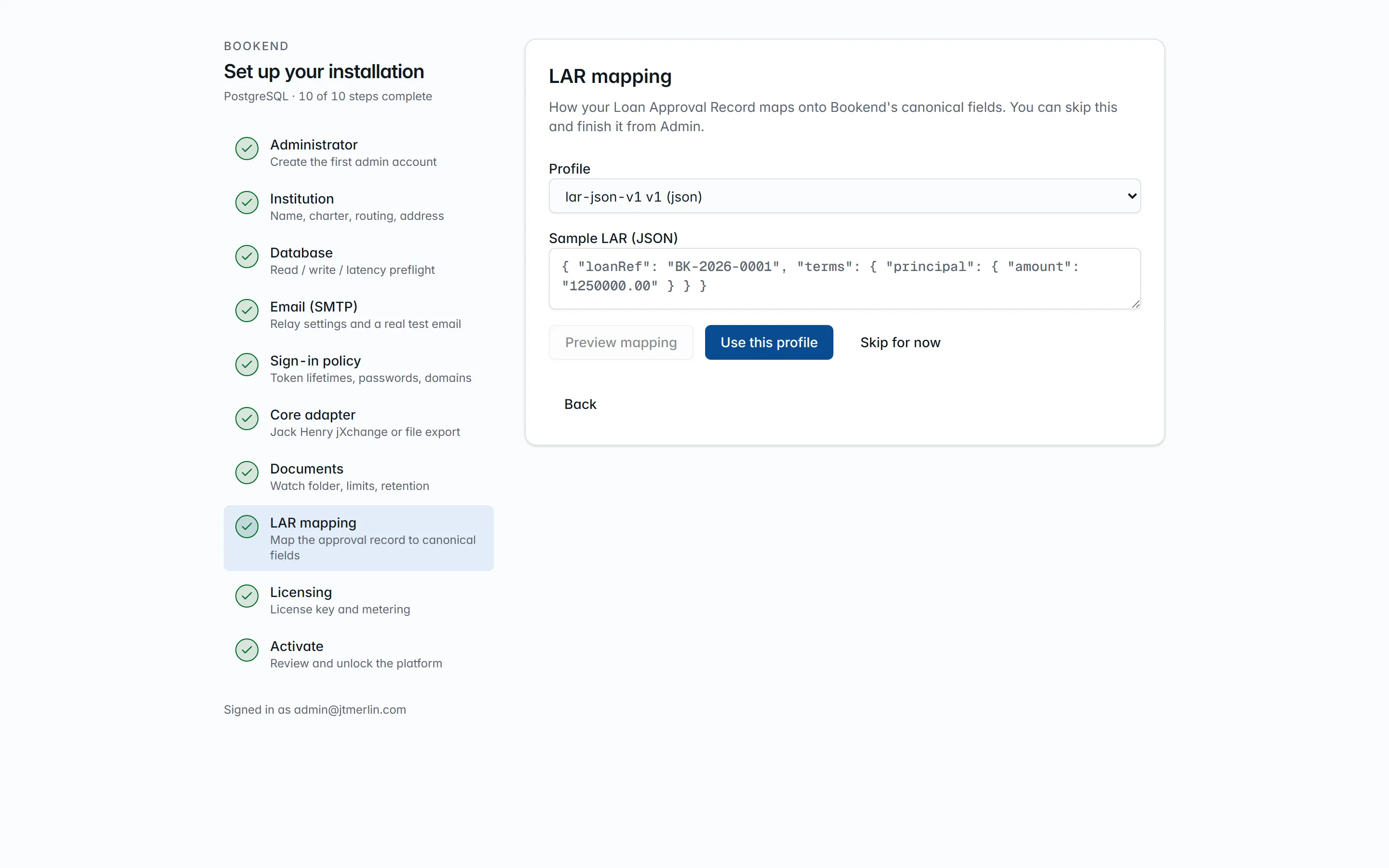 Wizard step 8, LAR mapping: the profile that maps the approval record onto the field catalog, with a live preview.