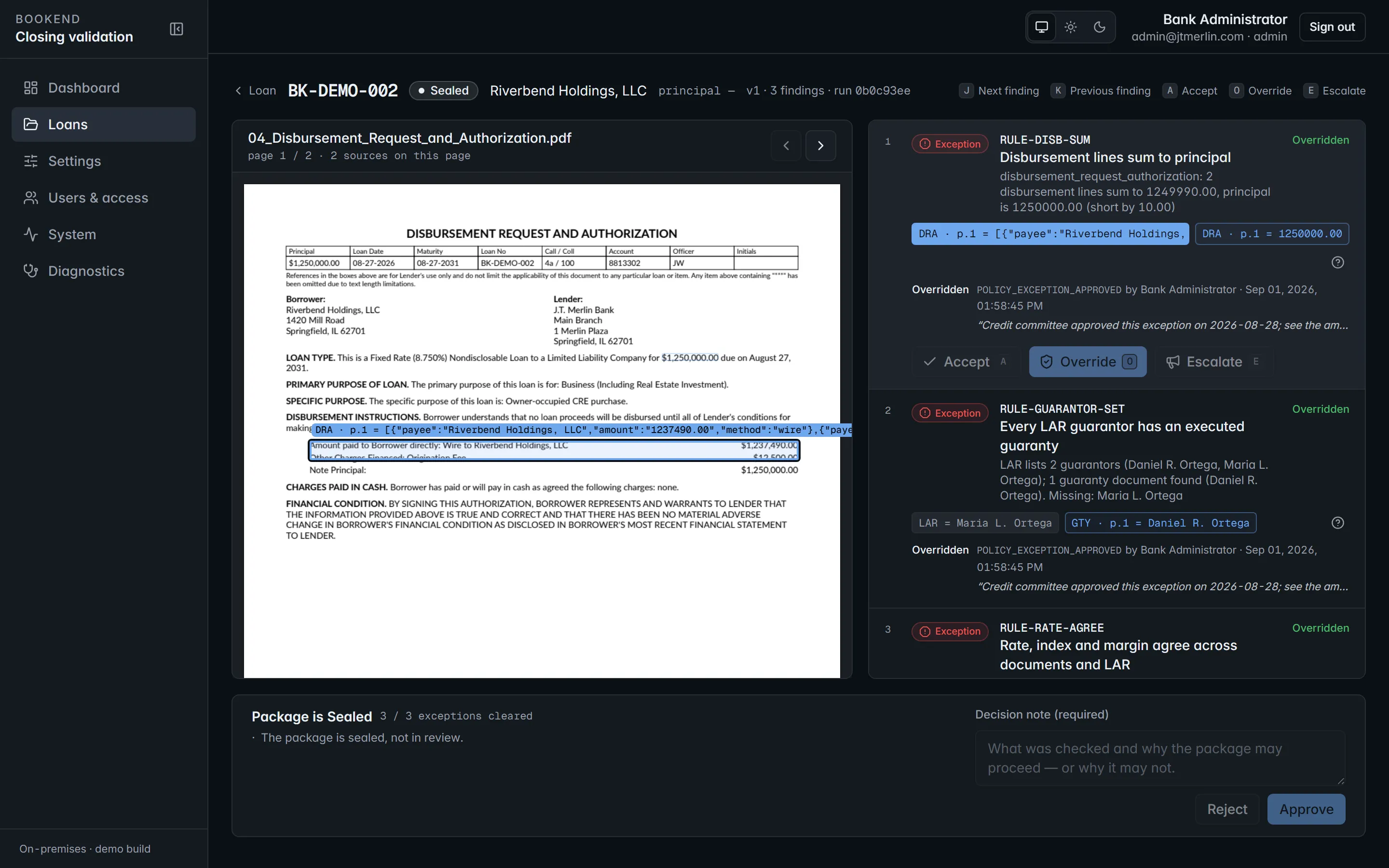 The review workstation: source page on the left, findings on the right with Accept, Override and Escalate, and the approval bar below.