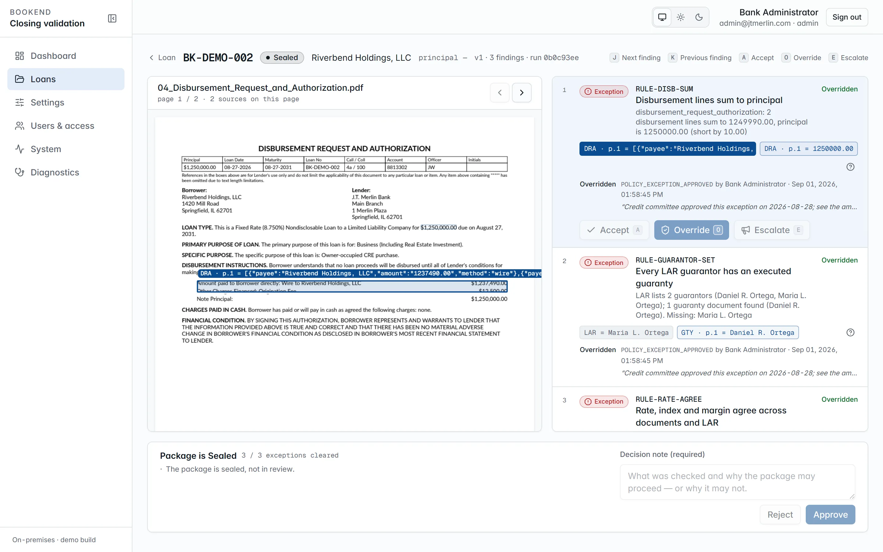 The review workstation: source page on the left, findings on the right with Accept, Override and Escalate, and the approval bar below.